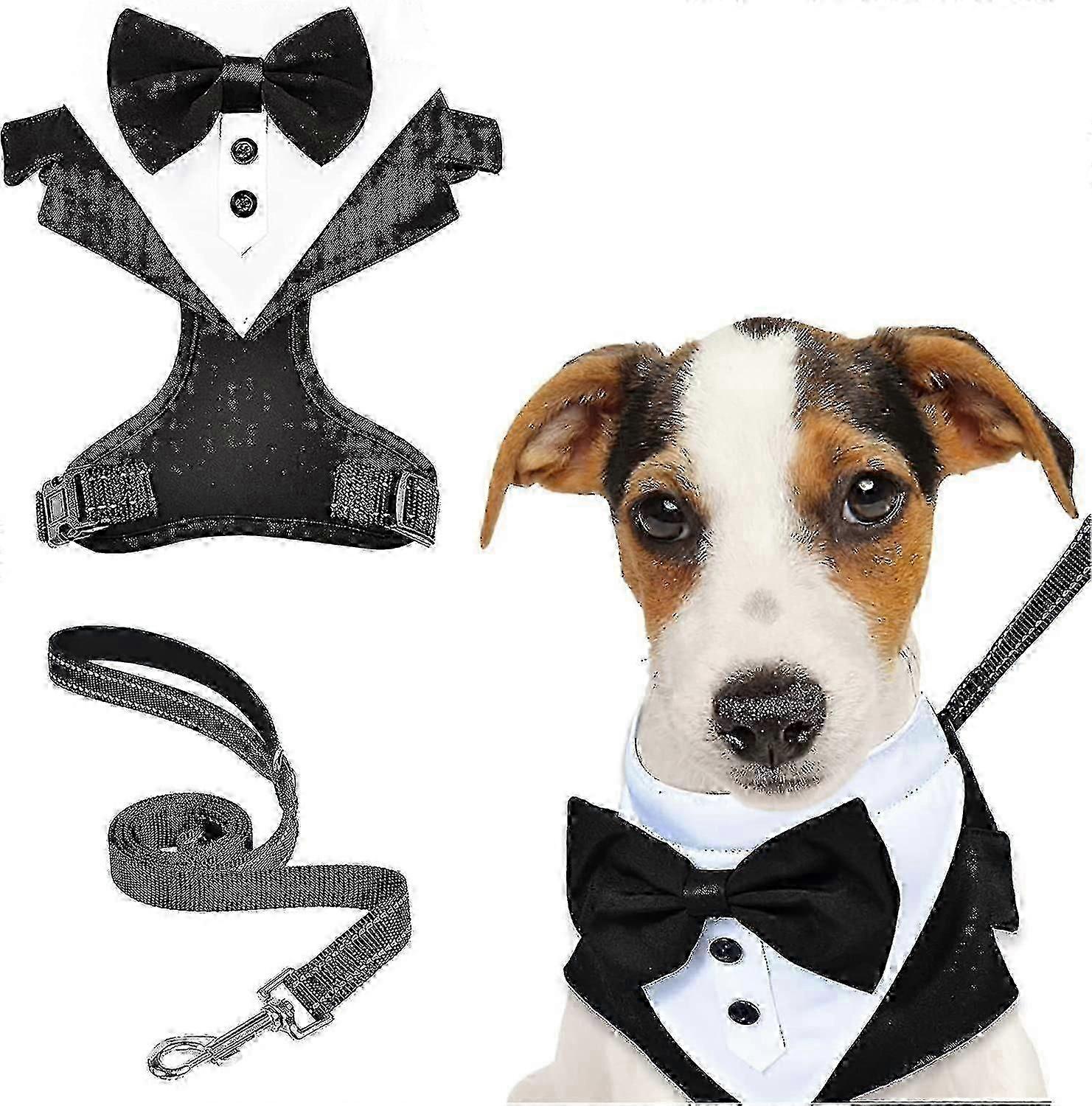A Formal, Adjustable Dog Tuxedo Harness and Leash Set with a No-Pull Reflective Vest and Bow Tie, perfect as a Wedding or Birthday Costume Gift