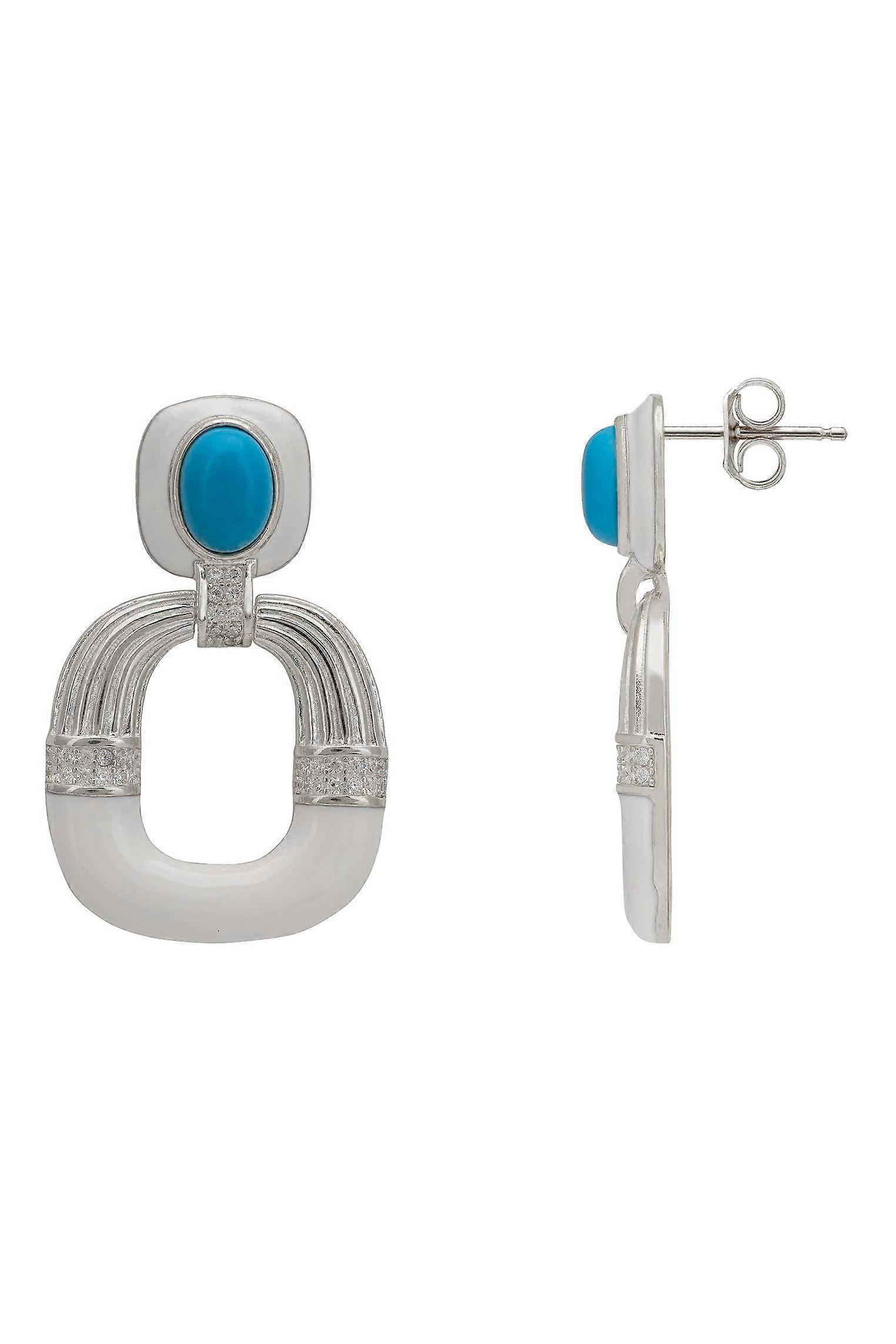 Deco Darling Drop Earrings Turquoise And White Enamel Silver