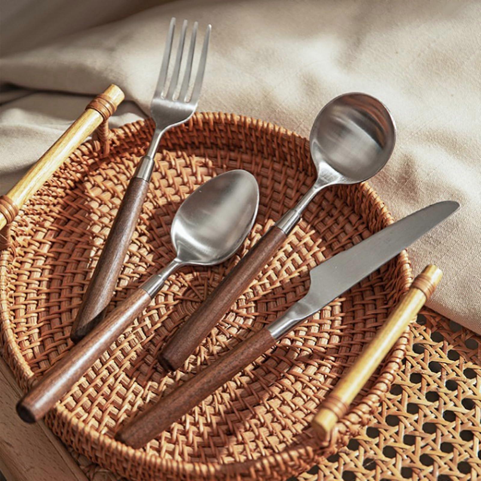 16Piece Wooden Handle Silverware Set for 4, 18/8 Stainless Steel Flatware, Elegant and Rust Resistant