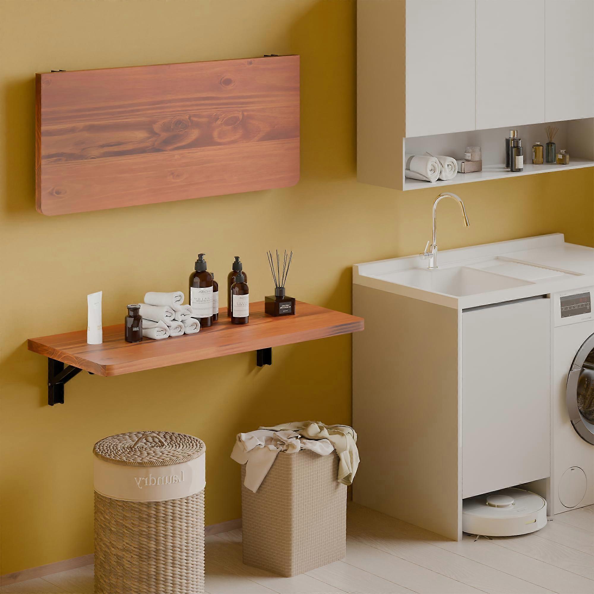 24 Inch Solid Pine Floating Wall Shelves with Fold Down Desk, Space Saving Set of 2 Teak