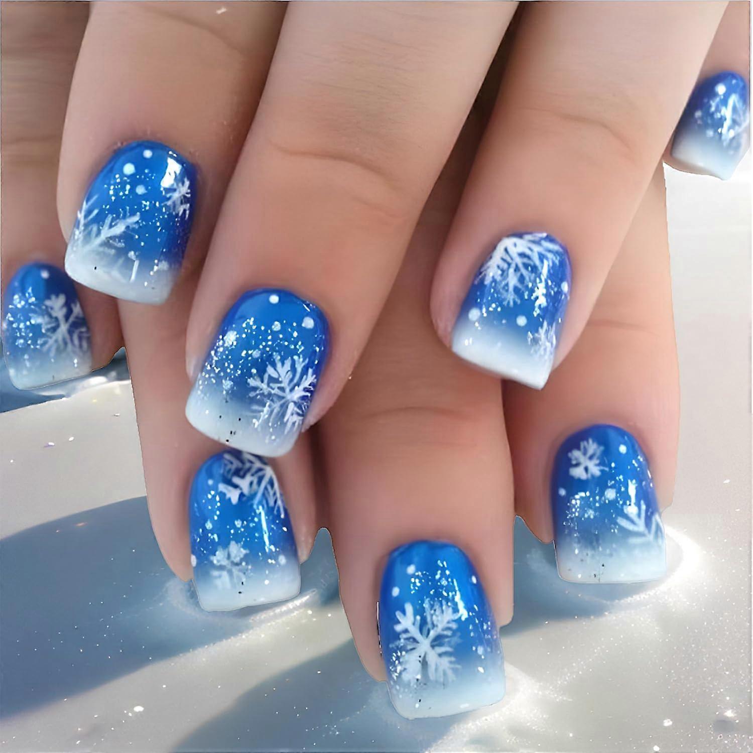 Christmas Press On Nails Snowflake Short Square False Nails Blue White Glitter Reusable Set