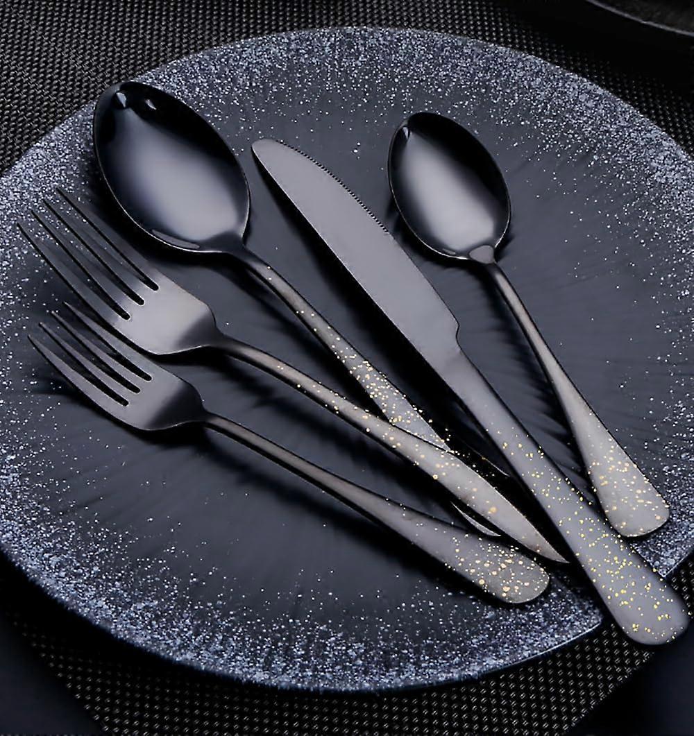 Matte Black Flatware Set for 10 Stainless Steel Cutlery with Hostess Serving Utensils