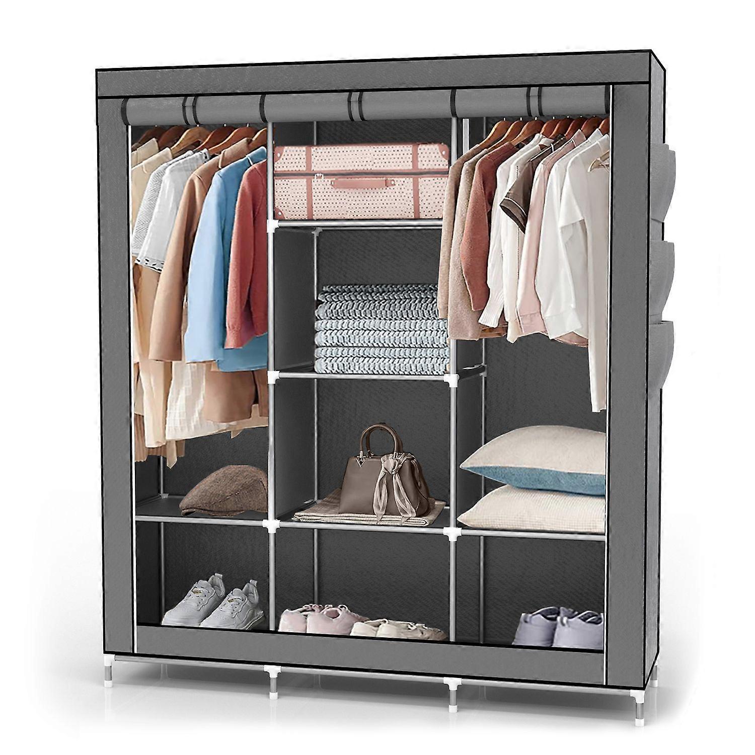 Folding cabinet 130x175x45 cm - with zipper fabric cabinet wardrobe with clothes rail, compartments and side pocket