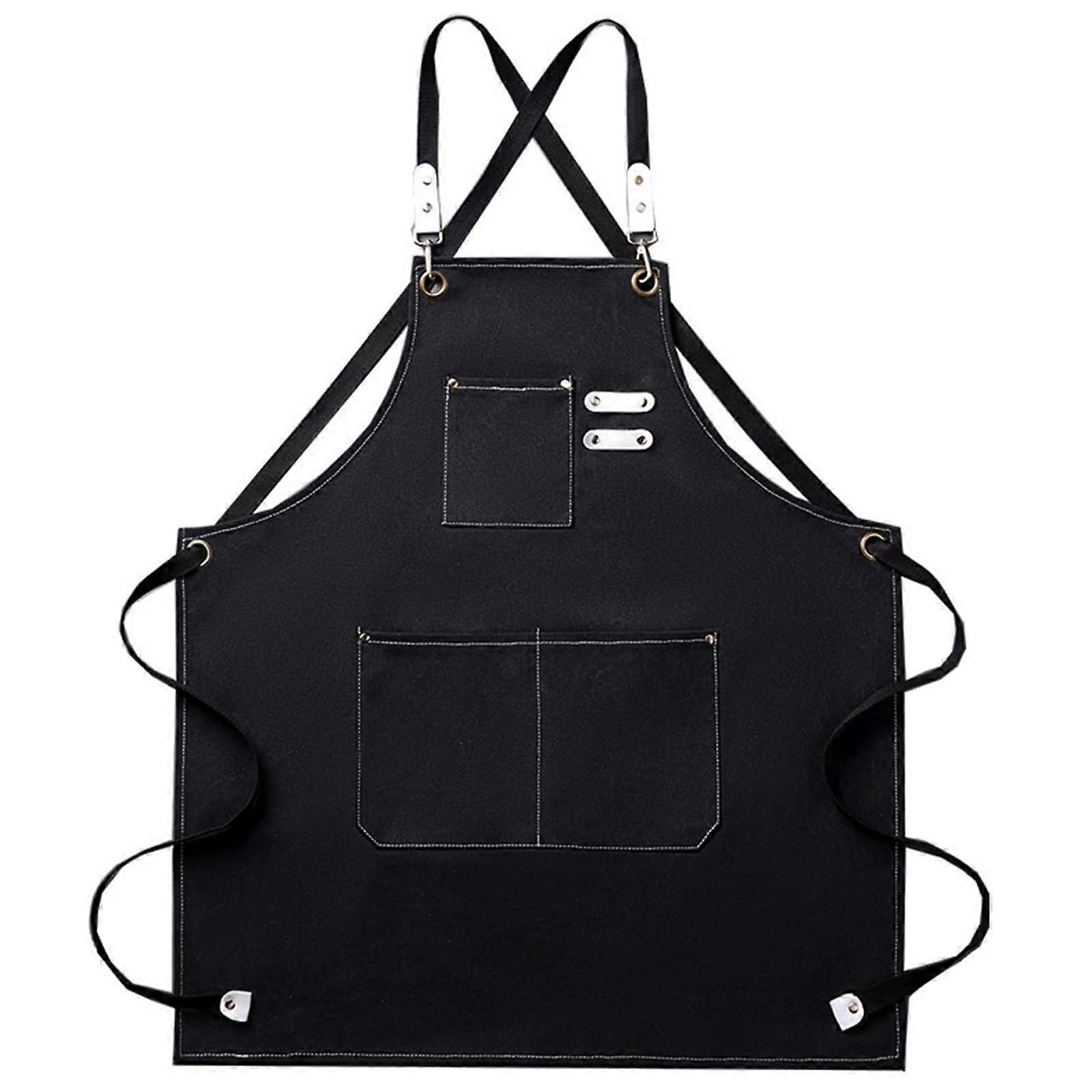 Black Canvas Chef Apron with Pockets, CrossBack Adjustable Heavy Duty Cooking BBQ Work Apron