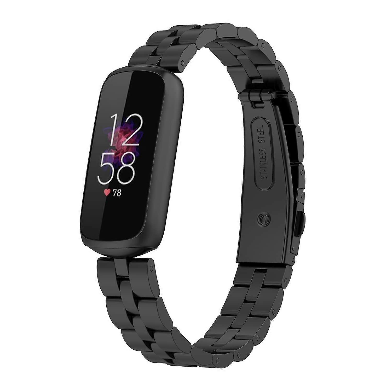 Black Metal Link Band Adjustable Durable Solid Link Replacement Strap with Buckle for Fitbit Luxe