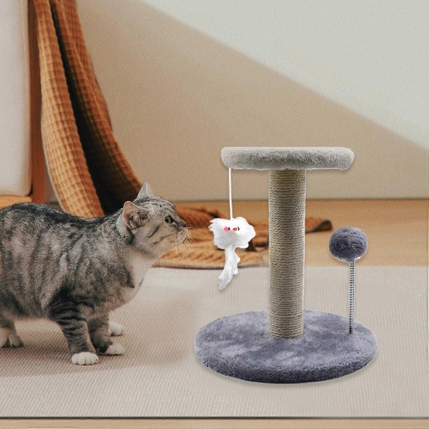 Cat Scratching Post with Interactive Feather Toy, Sturdy Cat Tree for Large Indoor Cats, Gray
