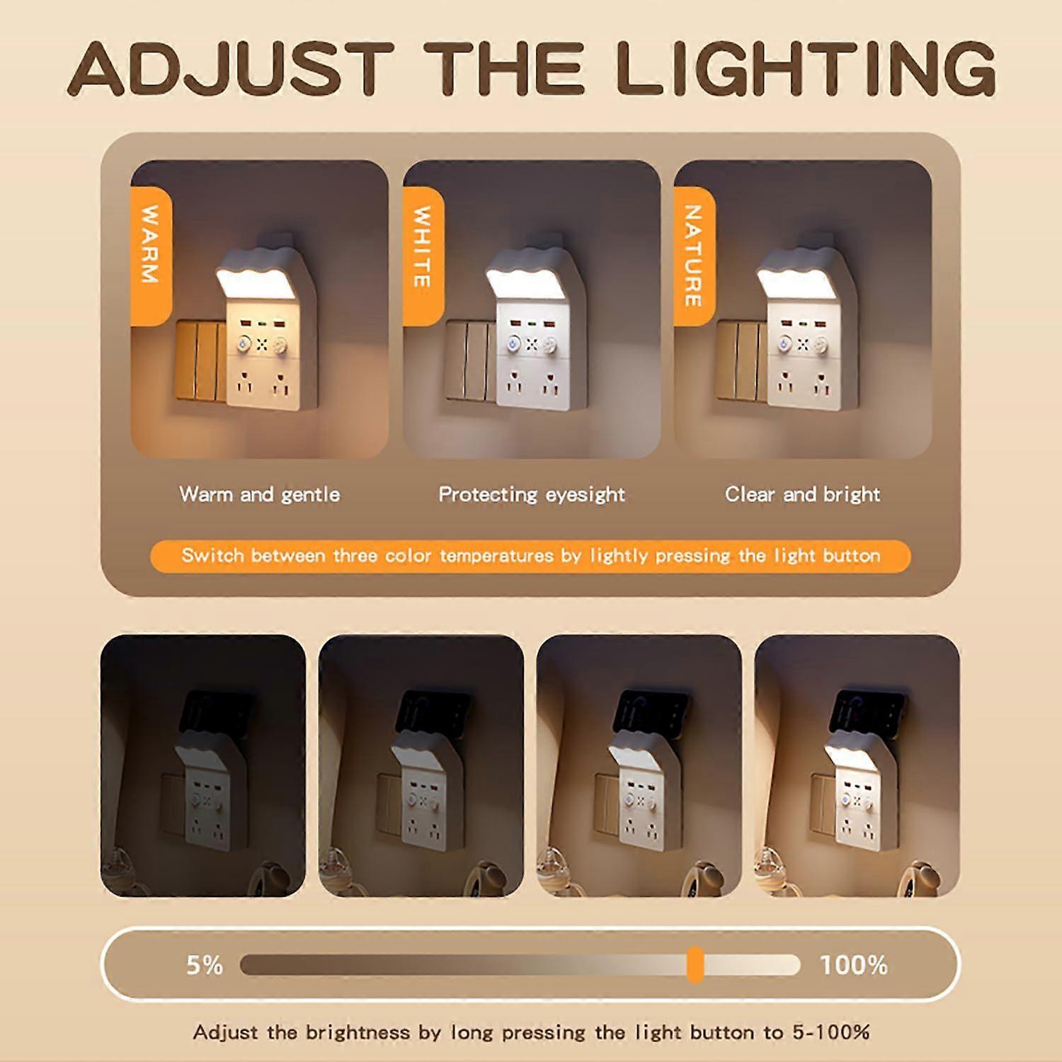 Smart Remote Control Night Light Socket,2AC+3USB Fast Charging,Wall Outlet Night Light with 3-Color Dimmable,Timer Function,Flame-Retardant Certif