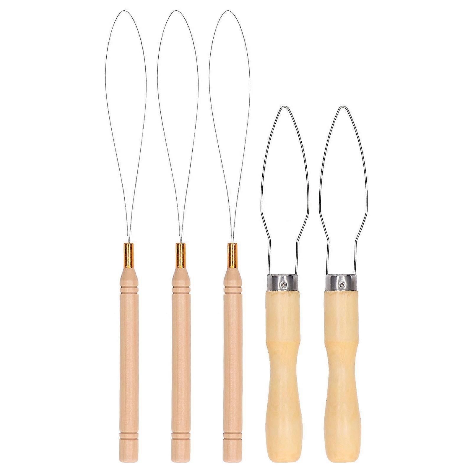 5Pcs Wooden Hair Extension Loop Needle Threader Wire Pulling Hook Bead Tool compatible with Making Buttons Elastic Bands Pulling Cords