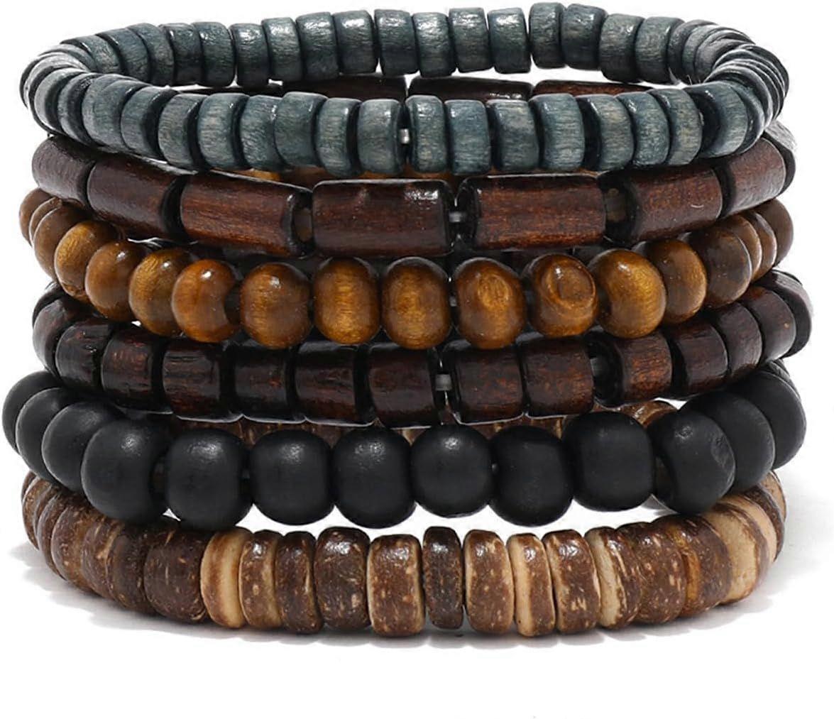 6 Pcs Bead Bracelet Men, Multi-Layer Brown Beaded Bracelets for Man