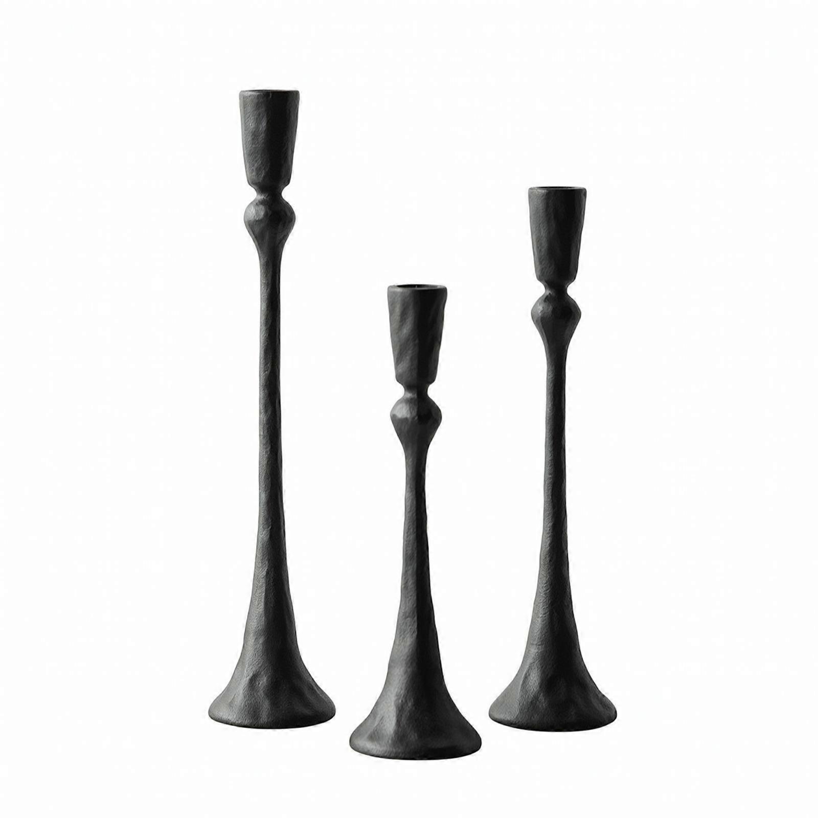 3 Pieces Rustic Cast Iron Candlestick | Organically Hammered Texture, Taper
