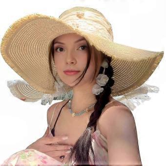 Hand Woven Straw Wide Brim Sun Hat with Lace Bow Tie, Adjustable Summer Beach Travel Hat for Women