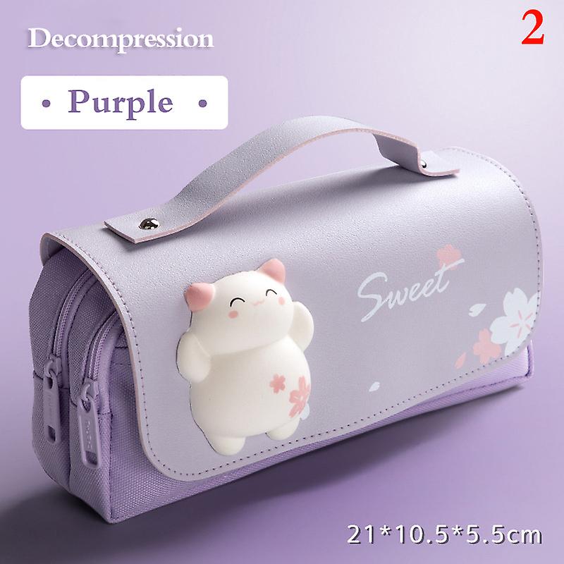 Mignon Cat Décompression Double couche Crayon Sac Portable Fille Kawaii Papeterie
