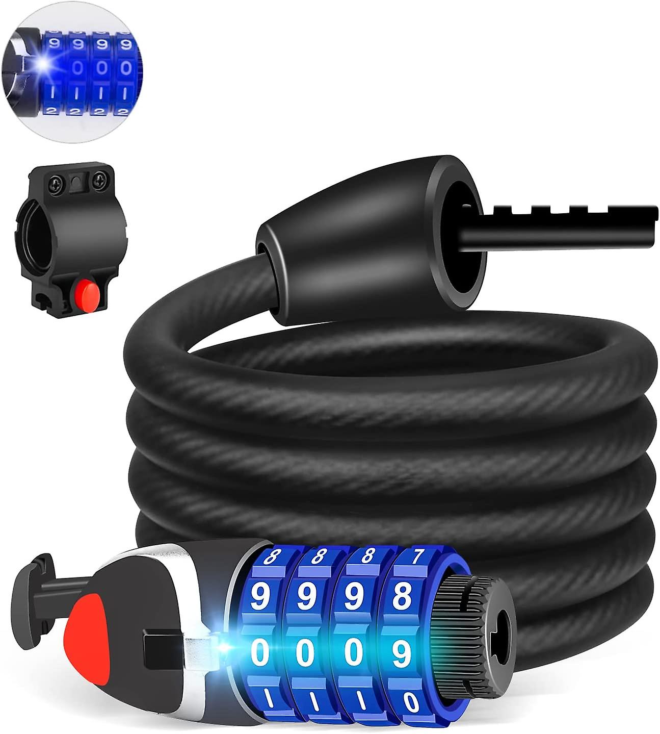 Bike Lock with LED Night Light 4-Digit Resettable Number Combination Cable Lock High Security Chain Lock for Bicycle Outdoors and Other Items That Nee