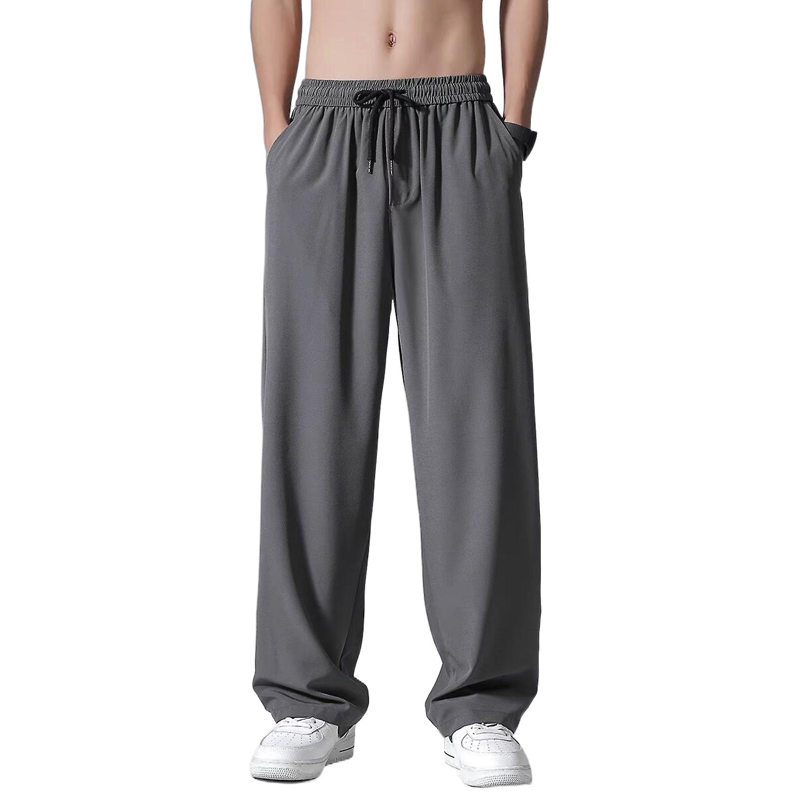 Drawstring Elastic Waistband Pockets Draped Men Pants Summer Solid Color Straight Wide Leg Thin Trousers