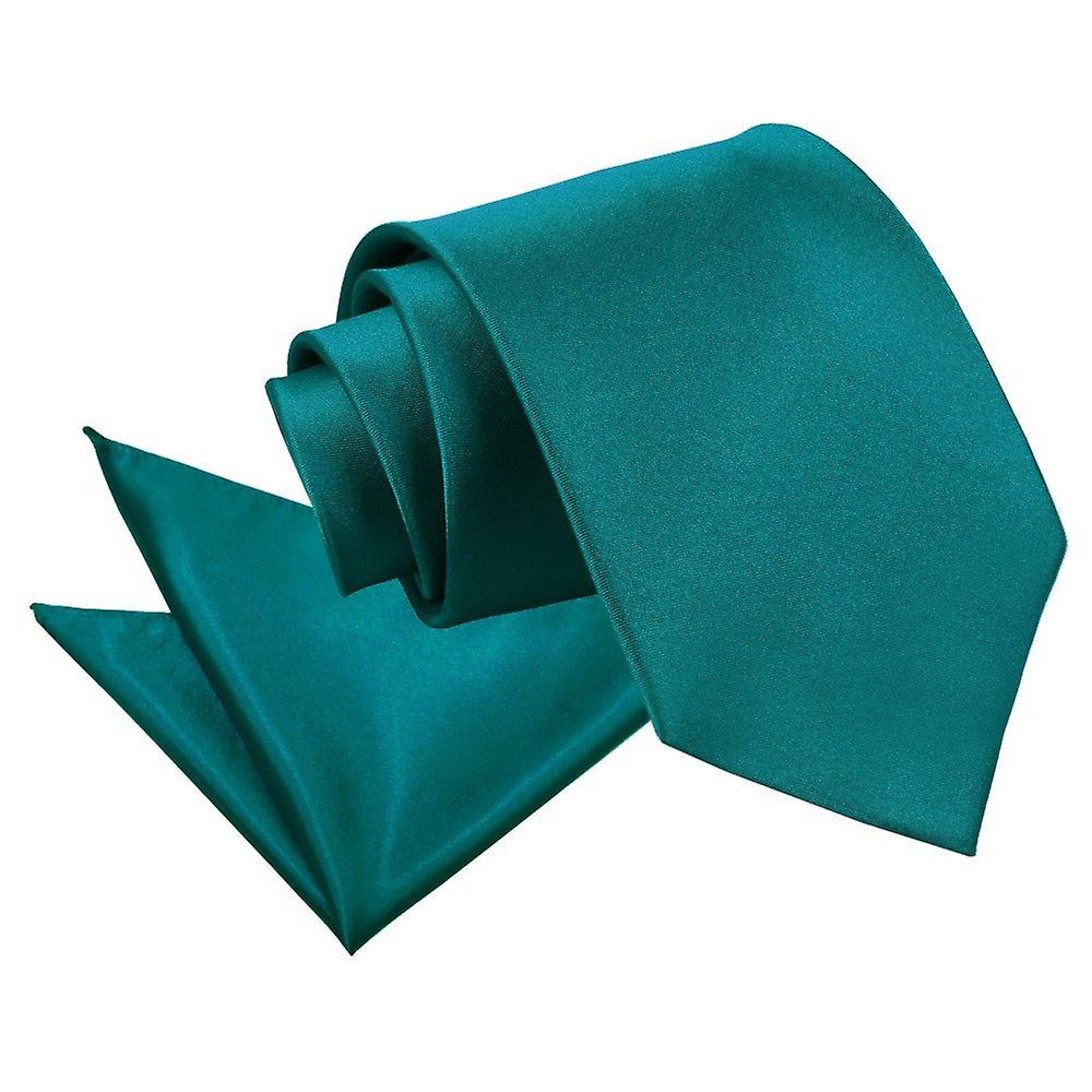 Teal Plain Satin Tie and Pocket Square Set
