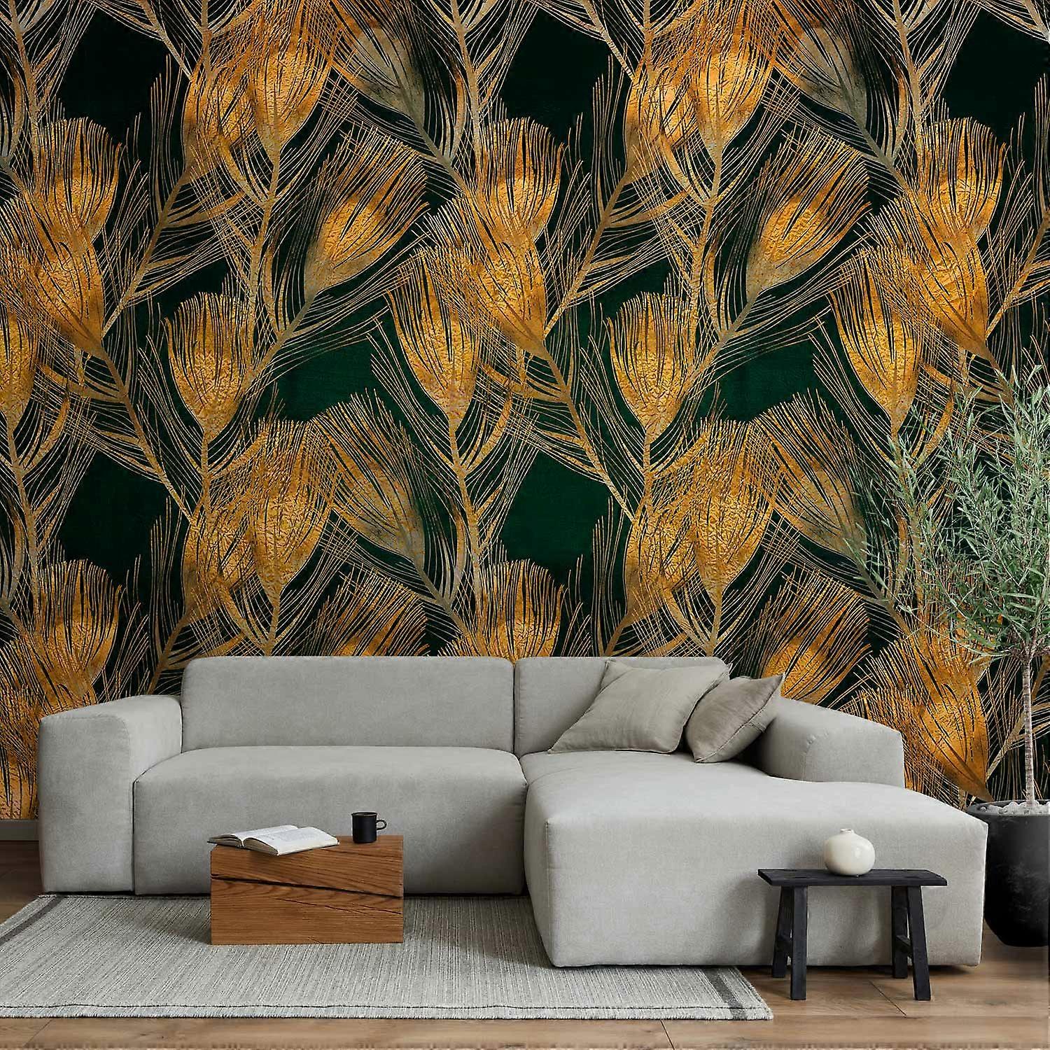 Wall Mural - Golden peacock feathers - solid background with bird pattern on green background