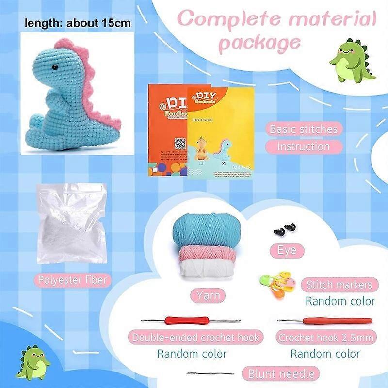 Blue/Yellow Dinosaur Crochet Animal Doll Kit with Essential Yarn Random Color Hook Knitting Accessories for Starter Beginners