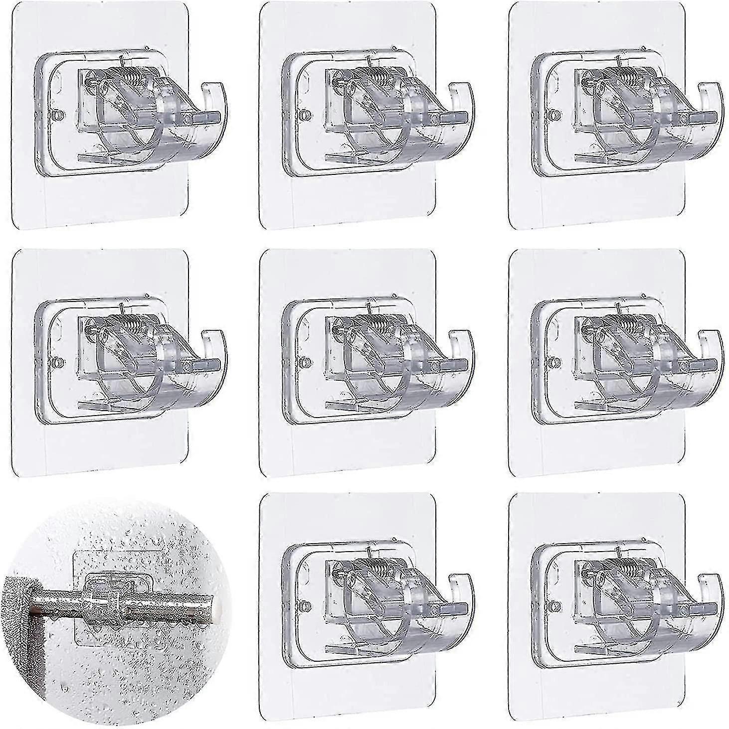 Curtain Rod Bracket No Drilling, 8 Pcs Adhesive Curtain Rod Holder Hooks, 3m No Drill Curtain Rod Brackets Easy Hanger Clamp, Drapery Hook Fixing Wall