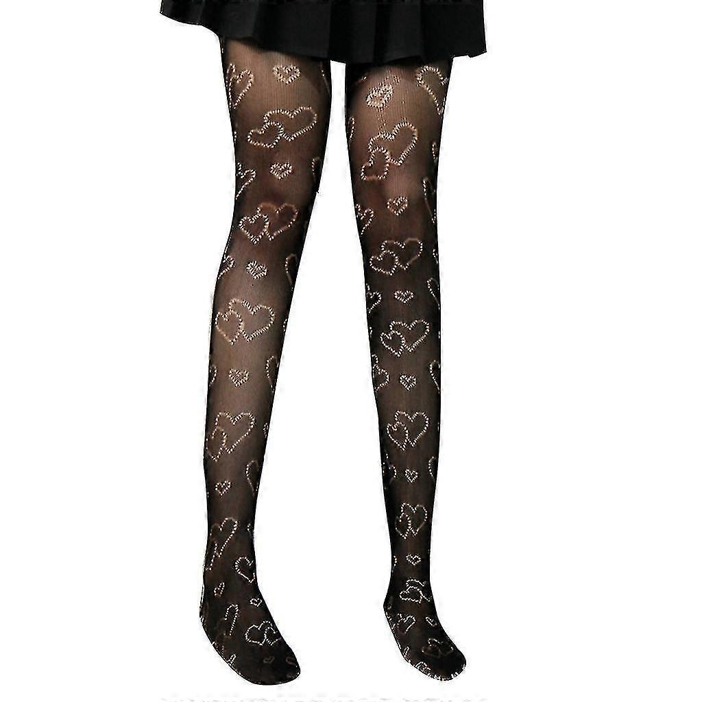 Women Black Double Love Heart Pantyhose Gothic Punk Jacquard