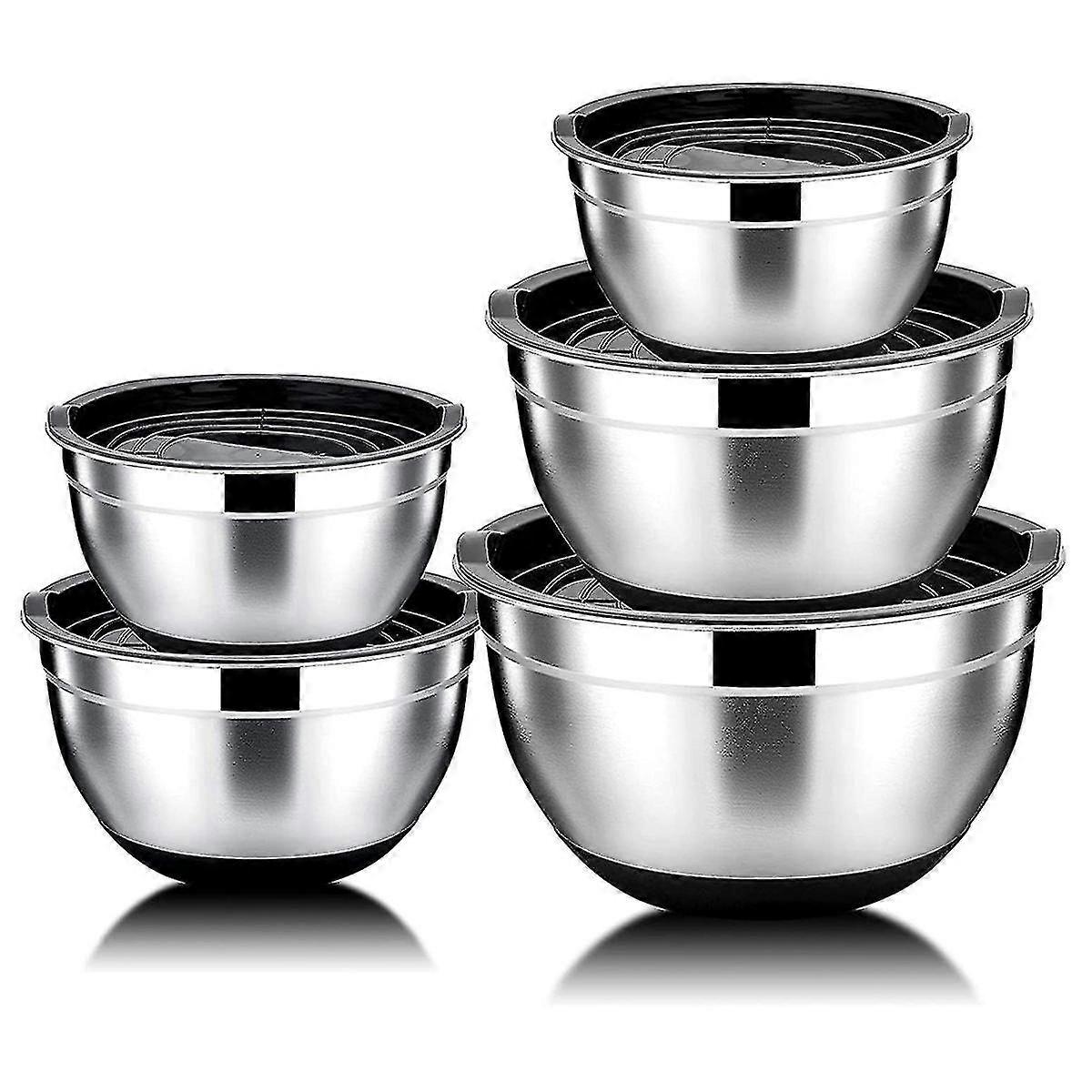 5 stk miksebolle, rustfritt stål salatskål med lufttett lokk og sklisikker base, serveringsskål for kitch