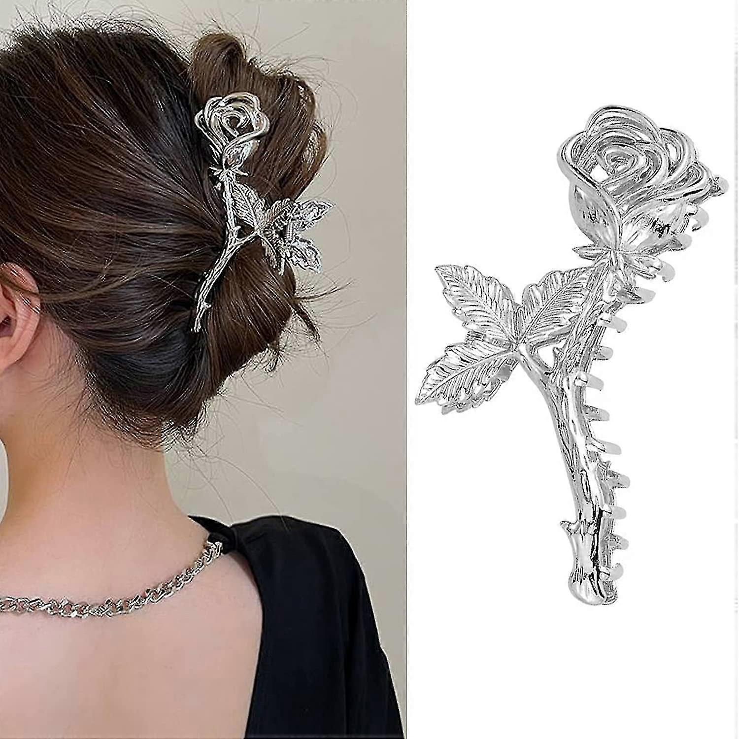 زهرة مخلب كليب لطيف المعادن روز الشعر كليب كبير غير قابل للانزلاق غطاء الرأس الفضة روز الشعر مخلب كليب سميكة طويلة الشعر الفك كليب اكسسوارات الشعر للنساء A