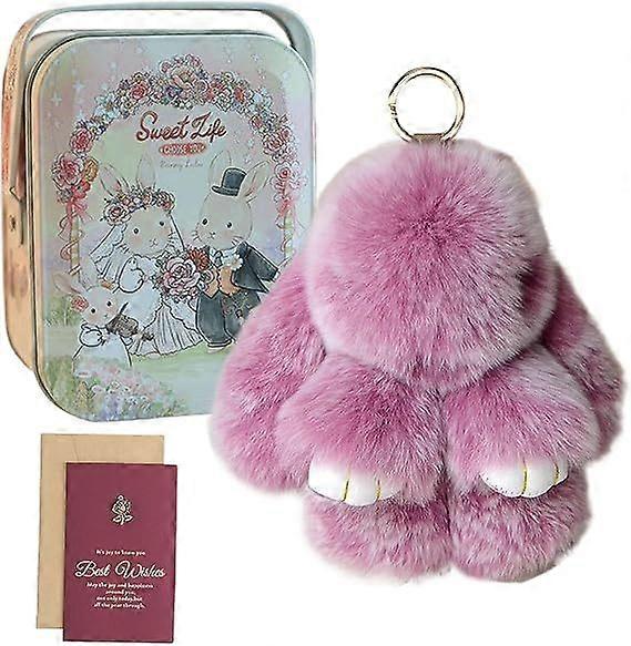 Bunny Lulu Keychain with Tin, Soft Pom Pom Charms Keychain Christmas Birthday Gift
