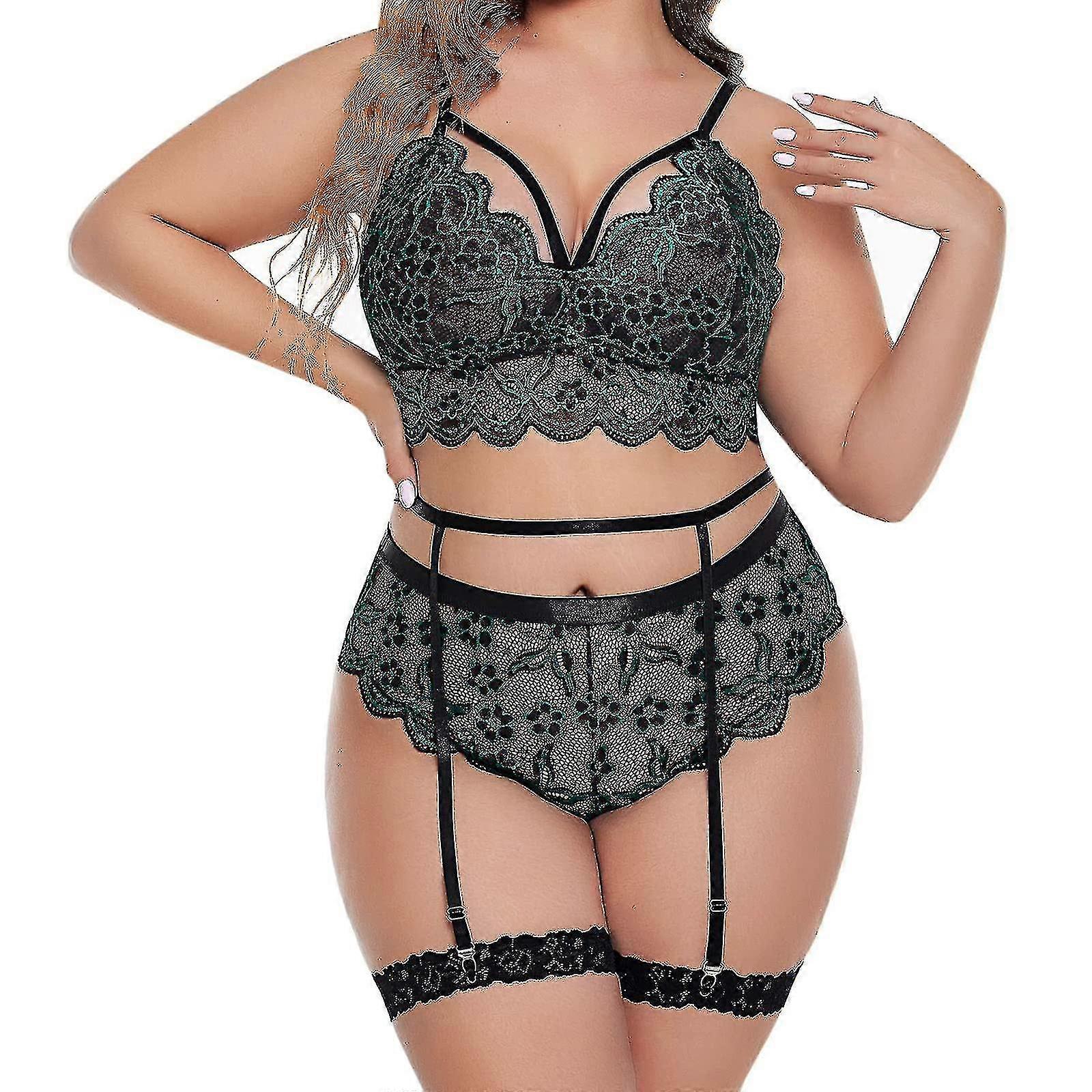 Plus Size fehérnemű szettek nőknek Szexi csipke Virágos fésűkagyló Trim Hevederes melltartók és bugyik Nyári vékony fehérnemű (xiatian)