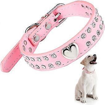 Crystal Dog Collar Rhinestone Pet Collar Bling Puppy Collar Heart Studded PU Leather Dog Collar Adjustable Pink Collar, M Size