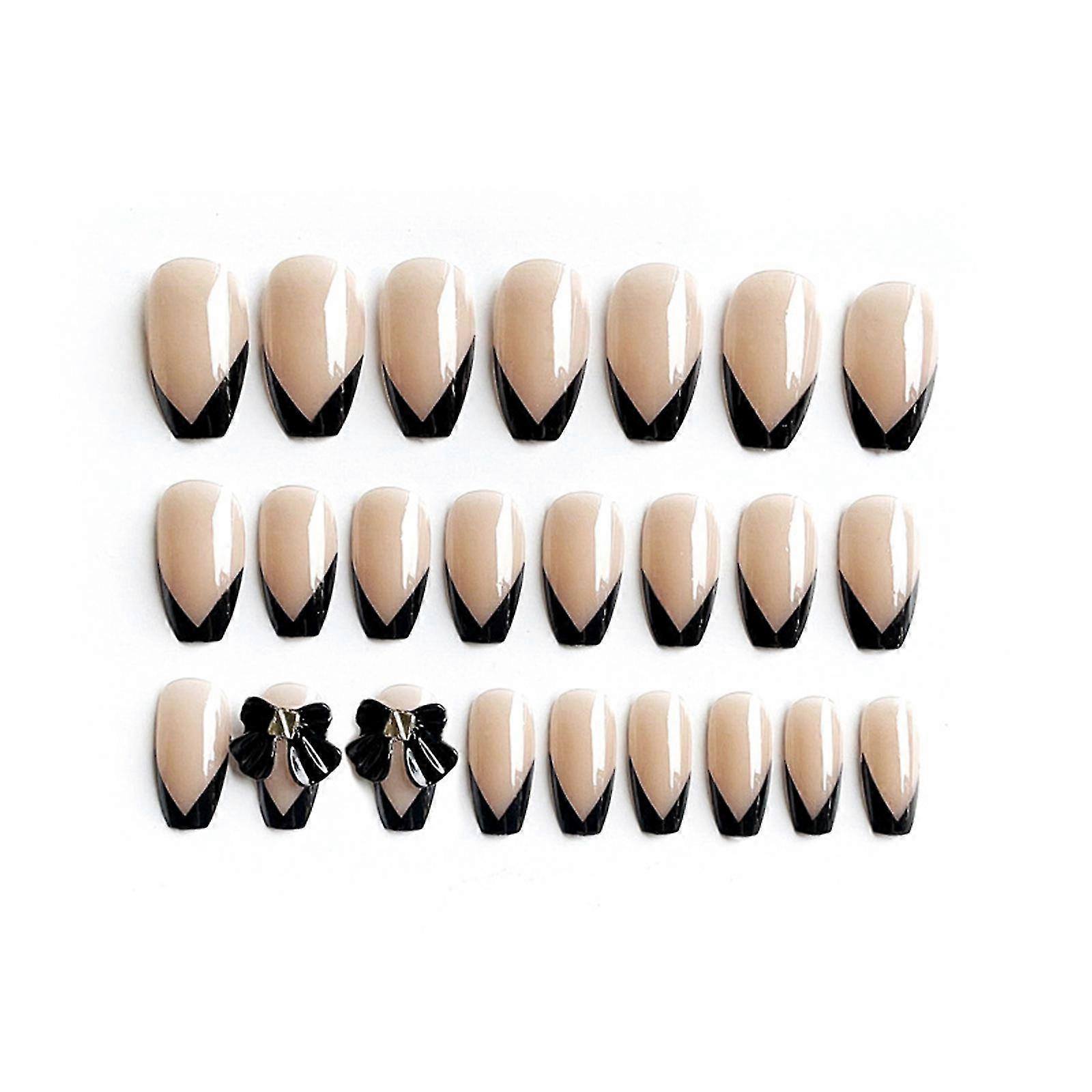 24pcs Jelly Long Nail Piece With Bow Decor Adhesive Manicure Patch False Nails