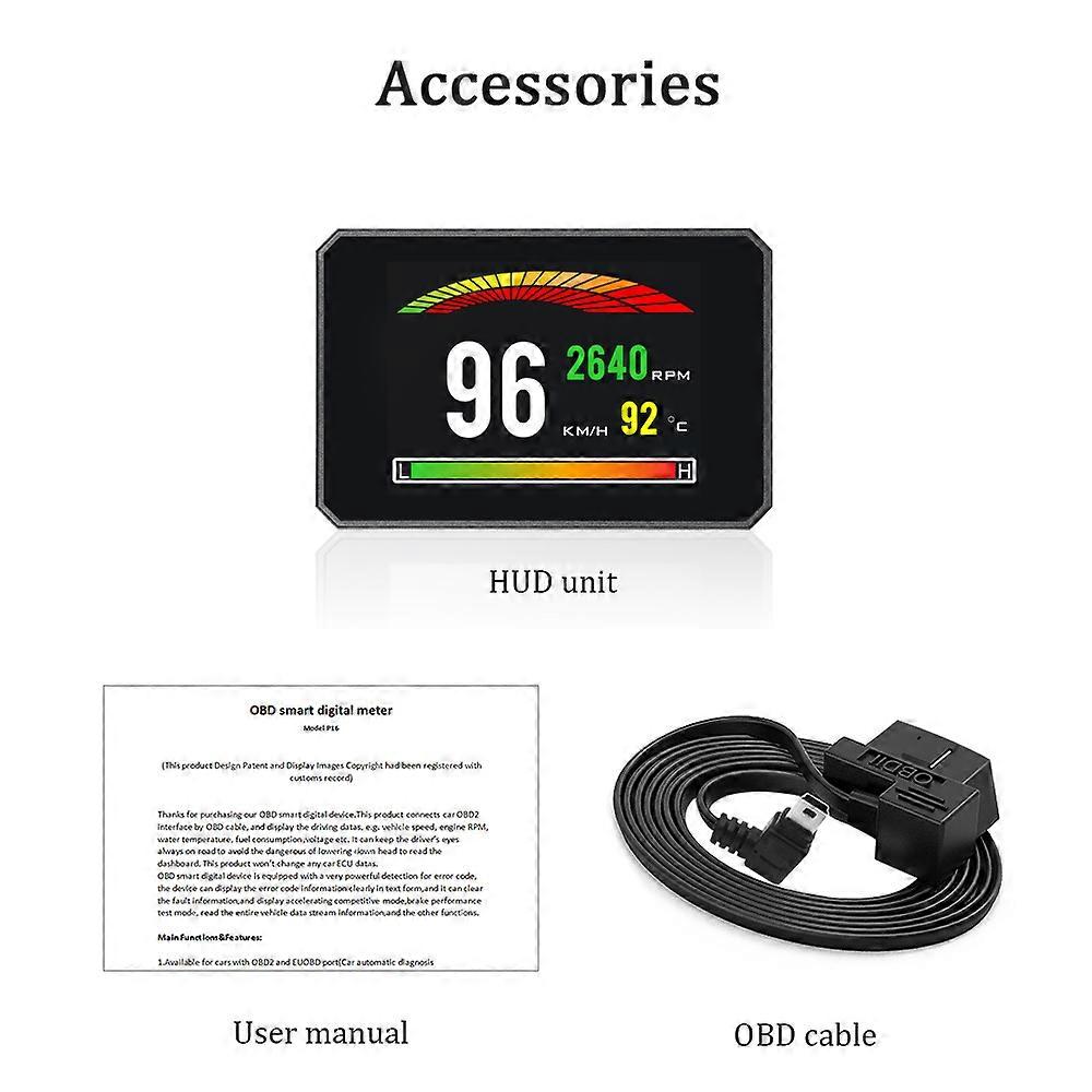 HUD Car Display Head Up P16 OBD 2 Diagnostic Tool Projector Digital Speedometer Speed Gauge Security Alarm Fuel Consumption