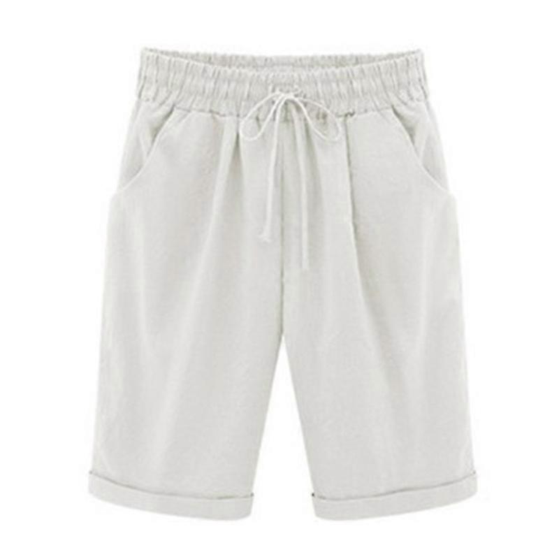 Women Loose Linen Shorts Rib Back Half Pants Summer Elastic Waist Short Trousers Plus Size