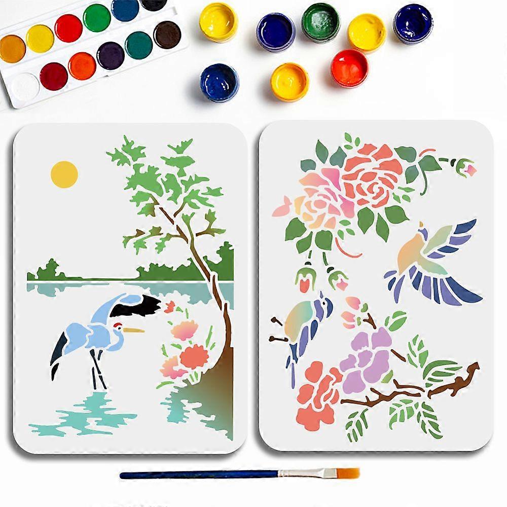 1Set US 2Pcs 2 Styles PET Hollow Out Drawing Painting Stencils with 1Pc Art Paint Brushe Bird 297x210mm