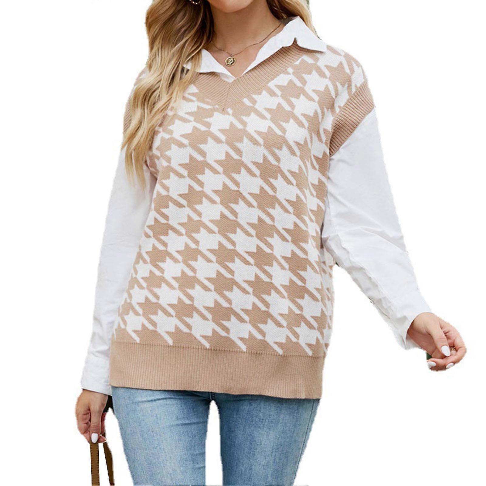 Frau Hahnentritt-Weste Pullover V-Ausschnitt ärmellos Hahnentrittmuster gestrickter lockerer Pullover Pullover Khaki S