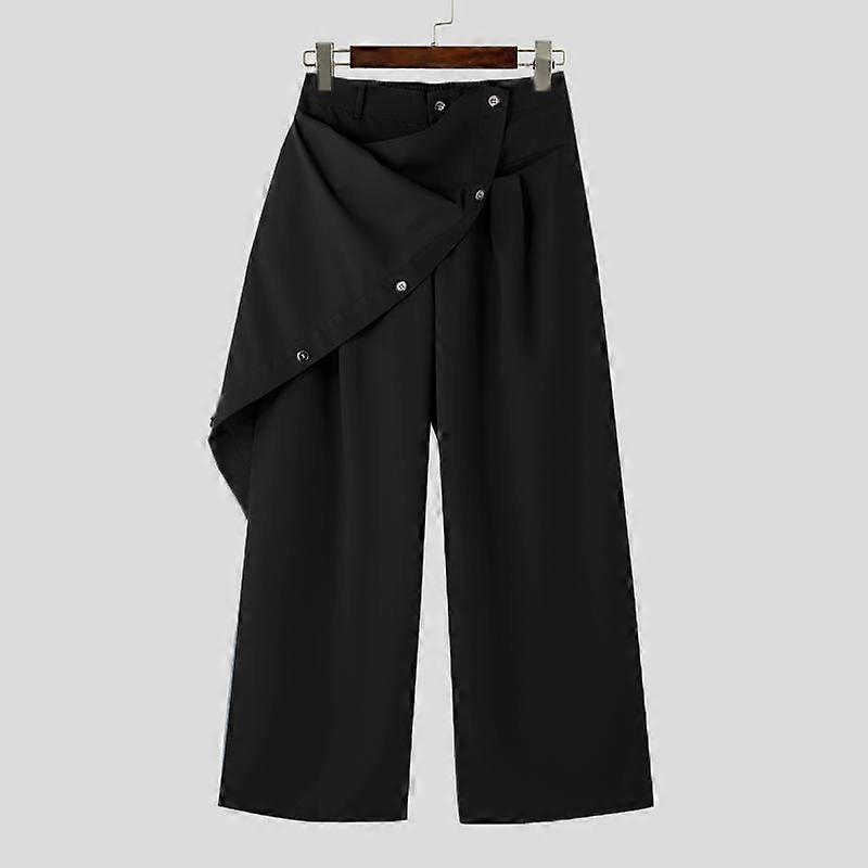 INCERUN Men Zipper Up Button Warp Casual Long Trousers Wide Leg Pants