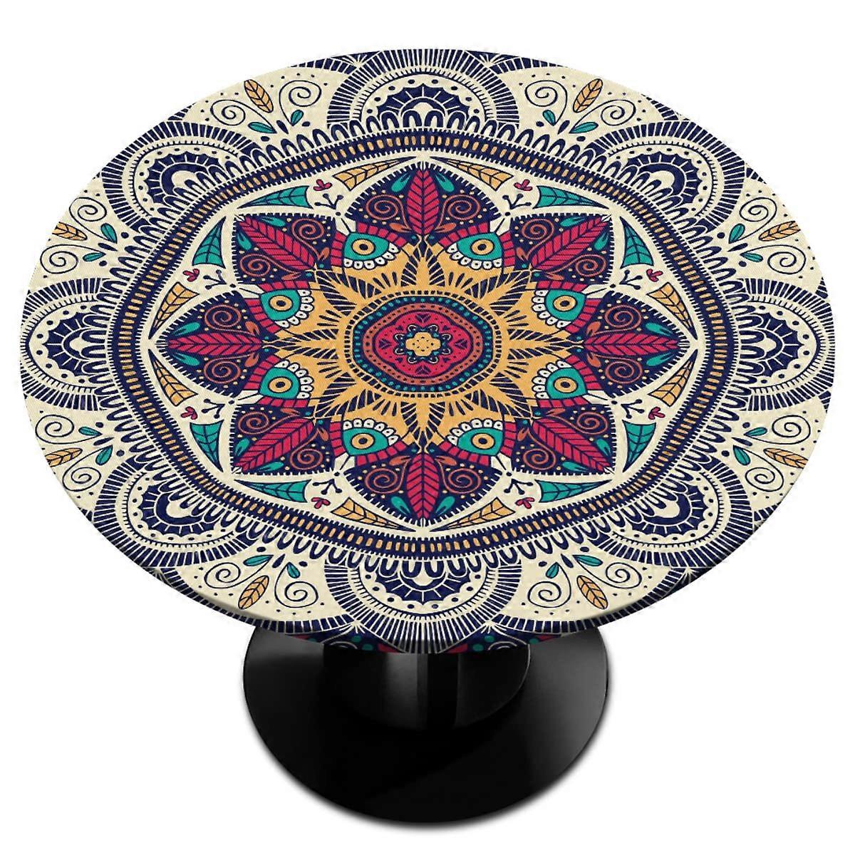 Mandala Round Fitted Elastic Edge Table Cloth Cover for Tables 45-50 Inch