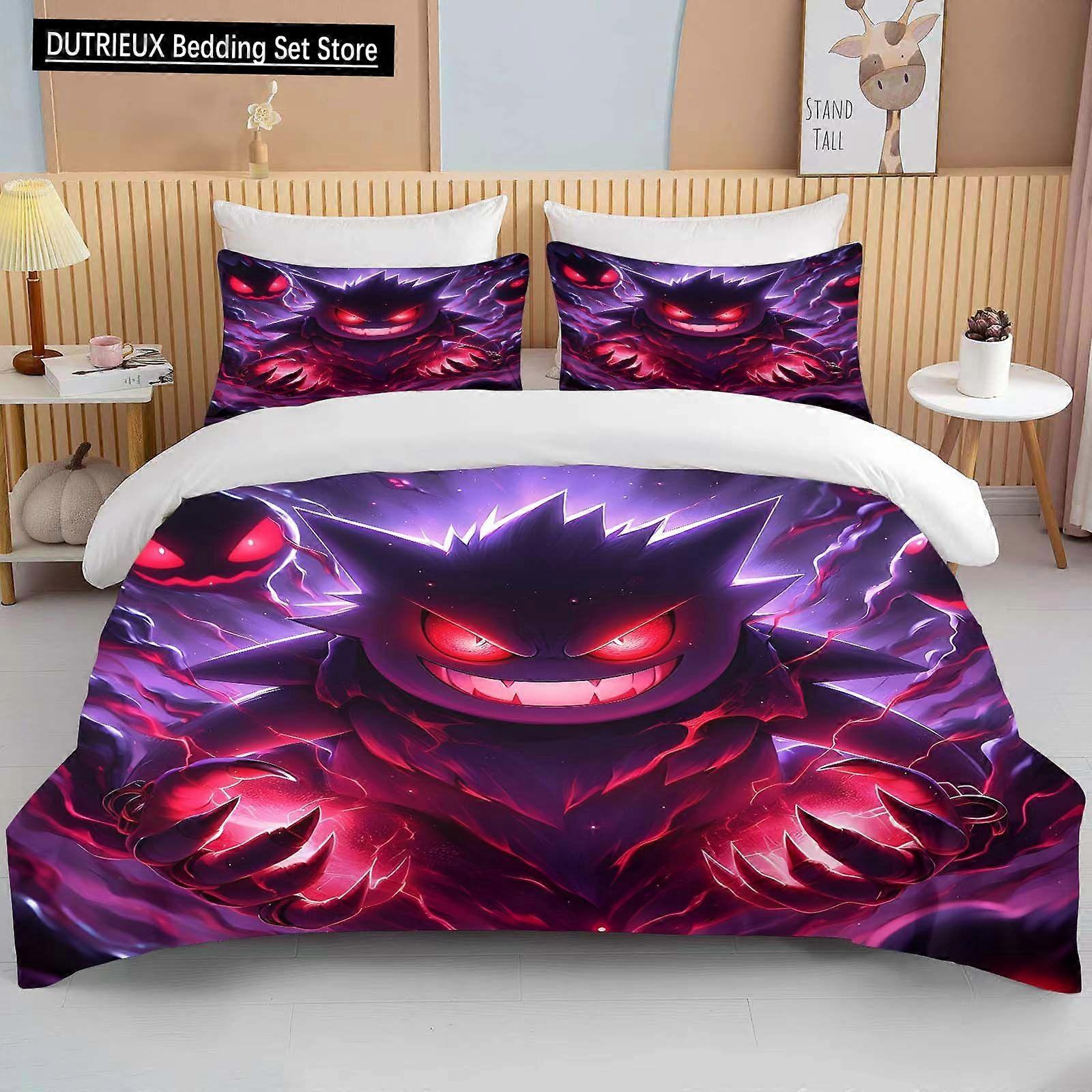 v2480 Lakan Gengar Tryckt Sängkläder Set Tecknad Anime Påslakan Täcke Örngott Pojkar Flickor Barn Vuxna Sängkläder Set Lyx 3-delad Beddi