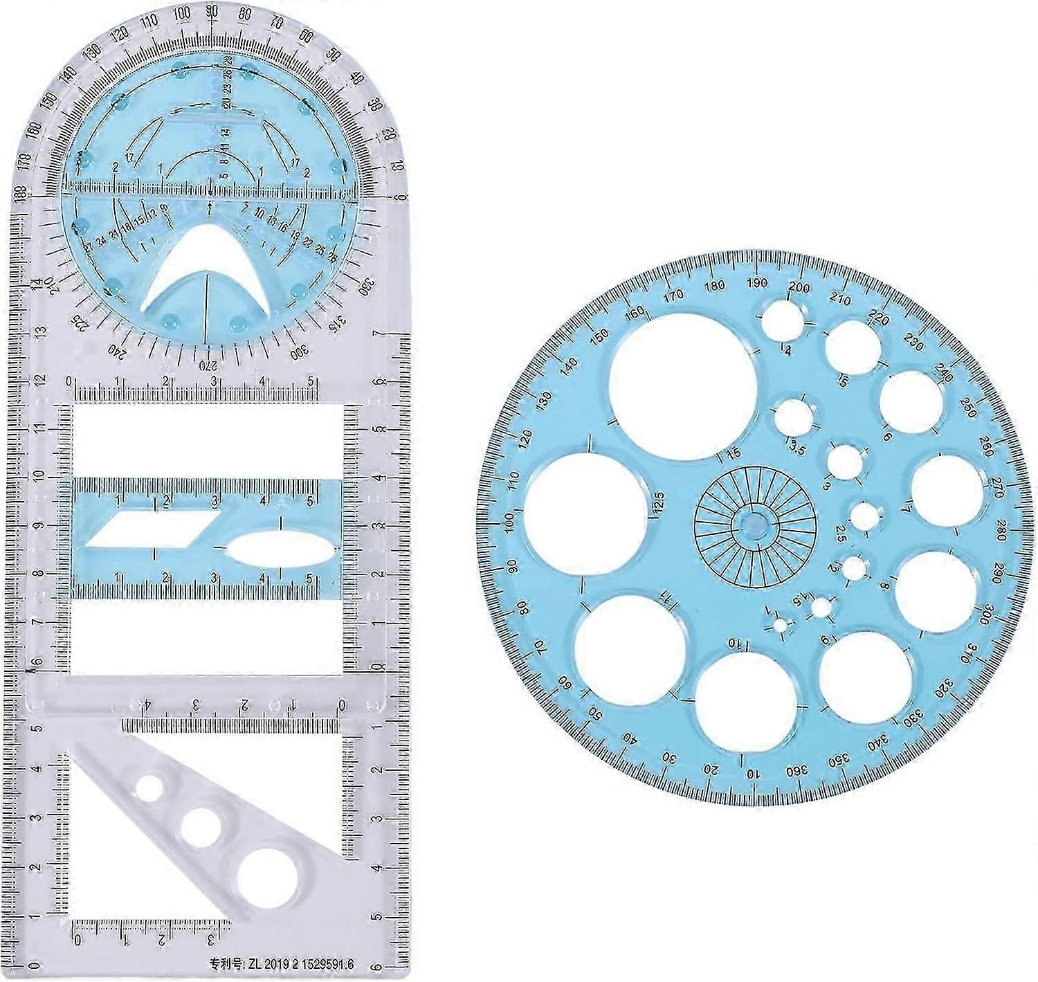 2 Pcs Multifunctional Geometric Ruler Plastic Circle Drawing Tool Drafting Templates Clear Graphic Design Tools