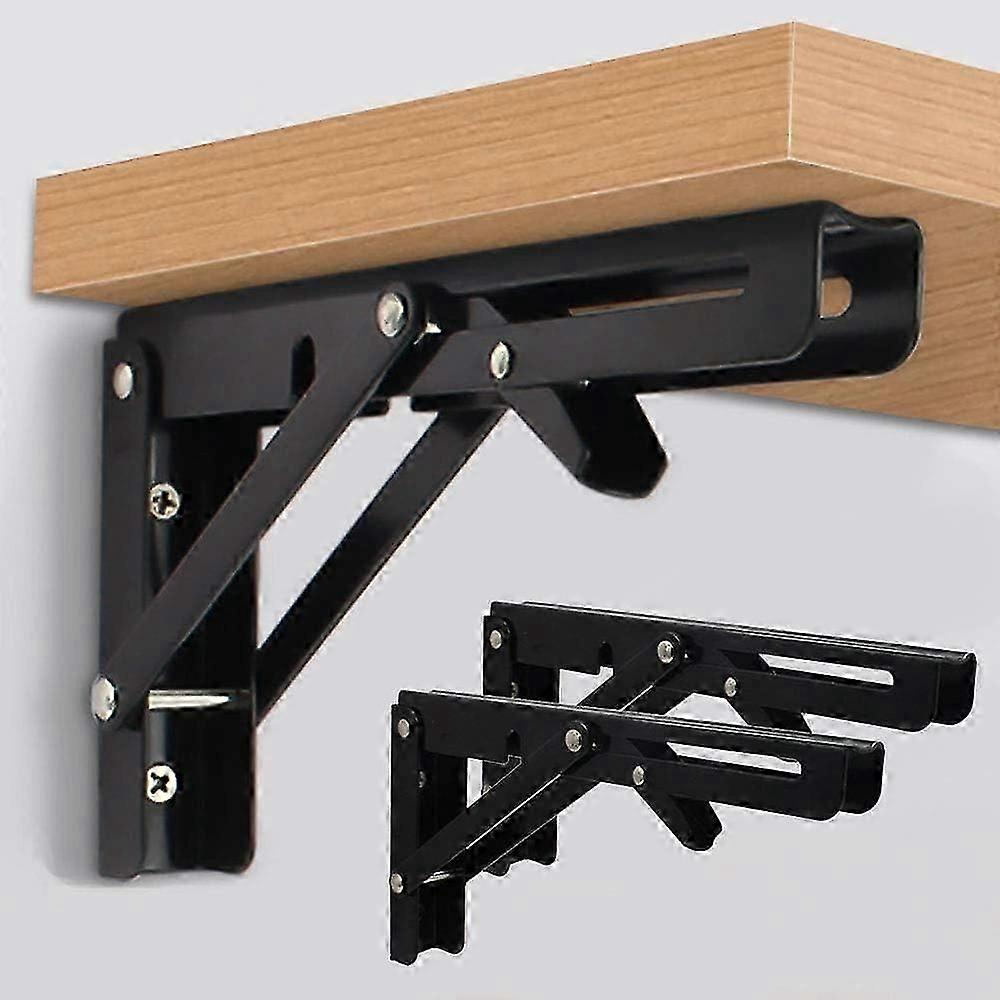 2025 New 2 Pcs Folding Shelf Brackets 8 Inch Black Heavy Duty Metal Triangle Table Bench Collapsible Shelf Bracket, Shelf Support Bracket Hinge Wall M
