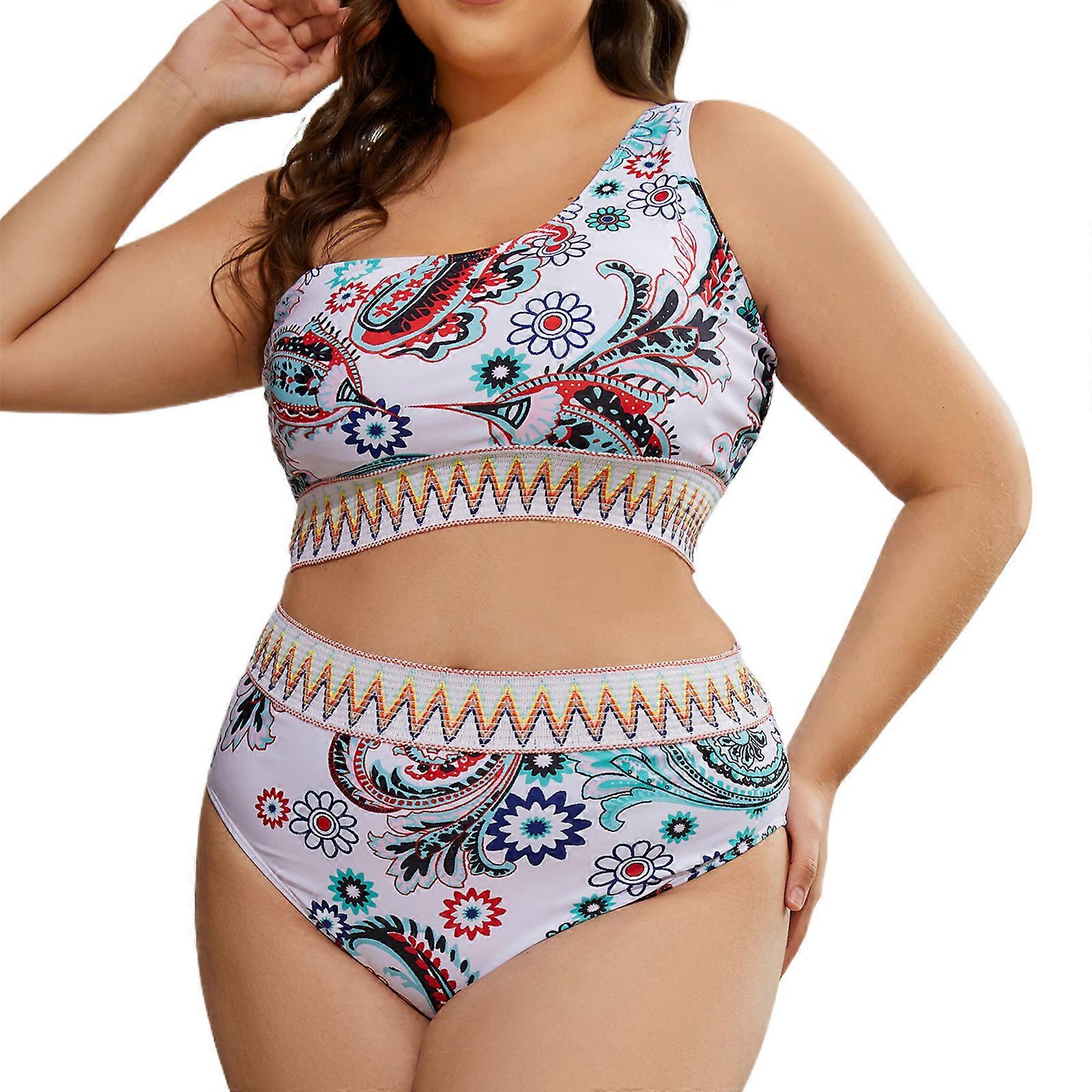 Femmes Maillot de bain taille haute, maillot de bain deux pièces ensemble une épaule dos nu maillots de bain imprimé fleur maillot de bain blanc XL