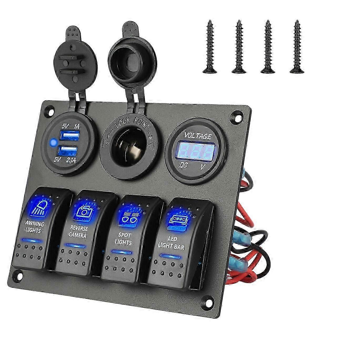 Blue 12-24V 4 Gang Toggle Led Rocker Switch Panel Circuit Breaker Waterproof For Car Marine Boat Jn Size 12