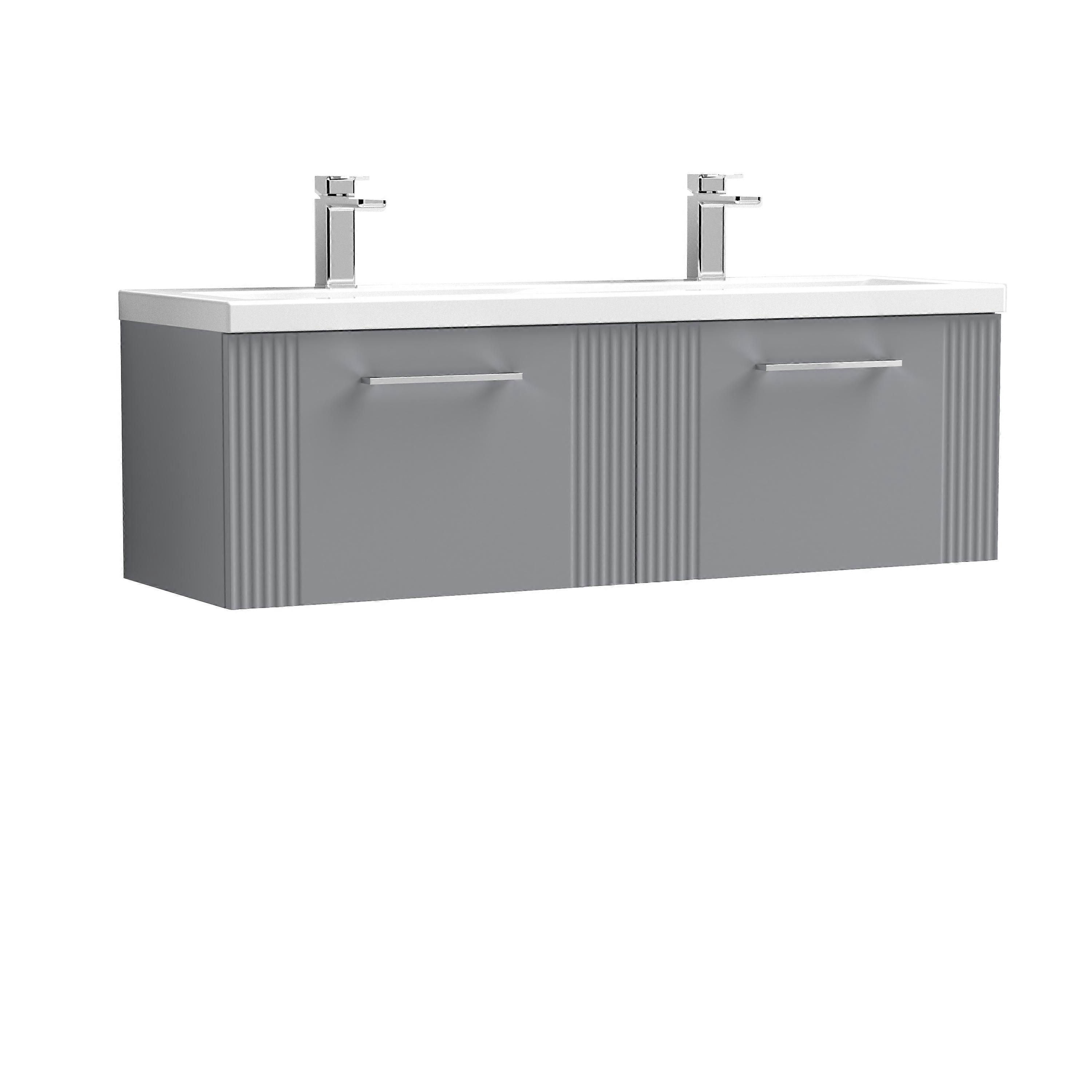 Partial Fluted 2 Drawer Wall Hung Vanity Unit with Double Ceramic Basin - 1200mm - Satin Grey 