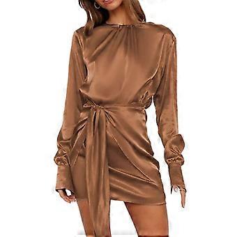 Womens Casual Long Sleeve Ruched Wrap Dress Crewneck Tie Waist Solid Color  Satin Elegant Cocktail Party Short Dresses Khaki XXL | Fruugo UK