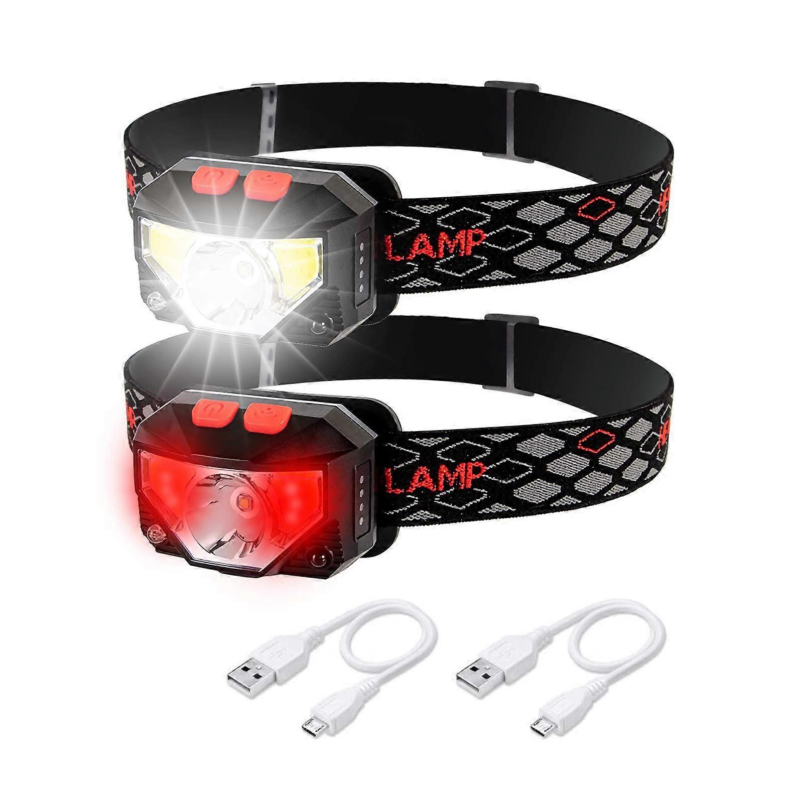 Rechargeable LED Headlamp, 2 Pack Bright Ultra-Light Head Torches, 6 Modes White & Red lamp Angle Adjustable Waterproof Motion Sensor Hand-Free Flashl