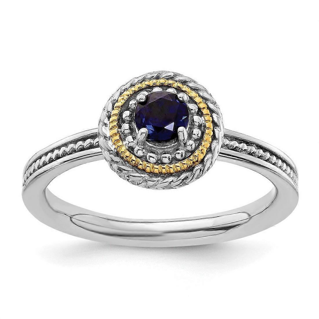 925 Sterling Silver Polished Prong set and 14k Stackable Created Sapphire Ring Stackable Ring for Women - Ring Size: 5 t