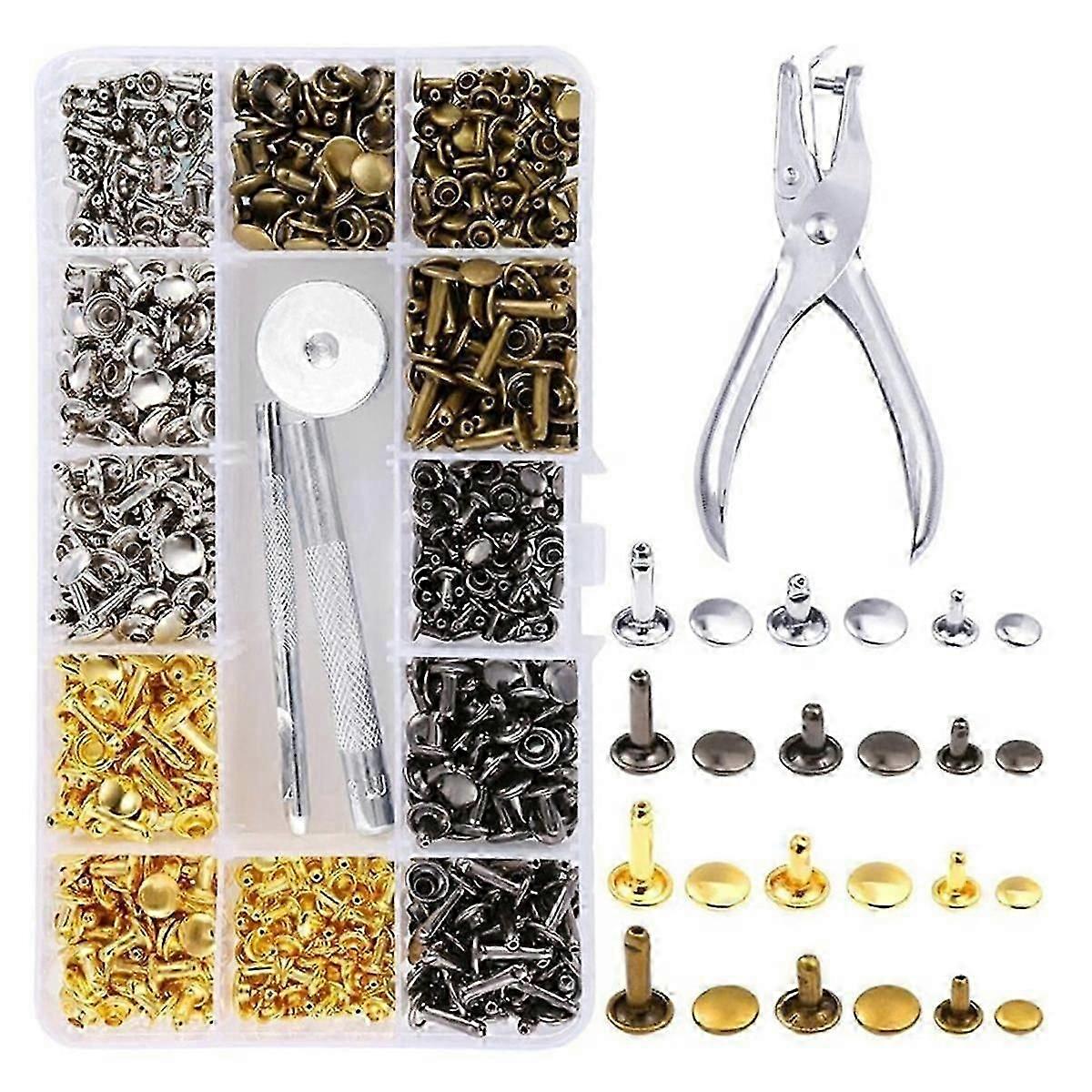 Leather Rivet Kit,180 Sets Double Cap Rivets Tubular,4 Colors 3 Sizes Leather Rivets and Snaps,for