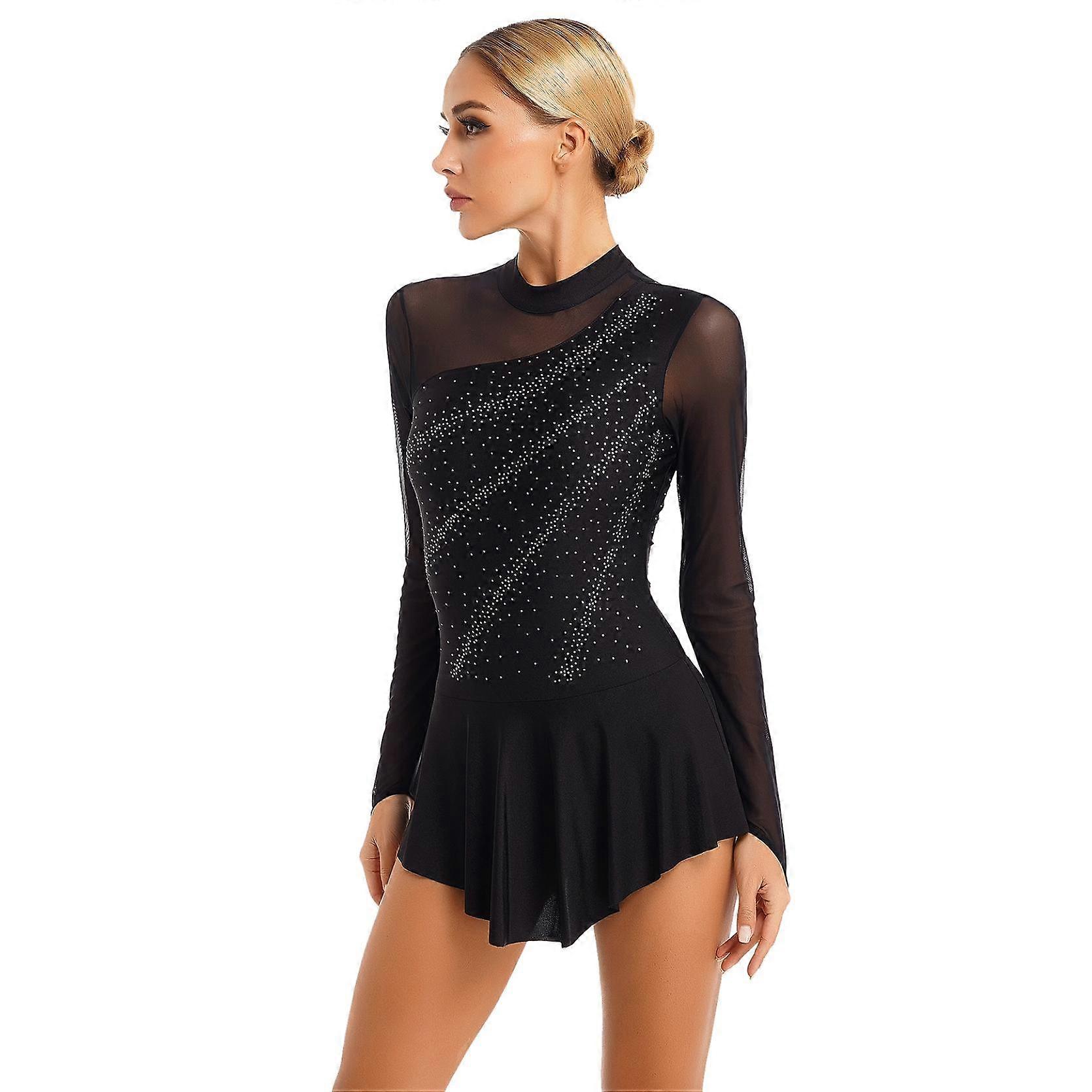 Naisten taitoluistelu tanssimekot strassi läpikuultava verkko tilkkutäkki pitkähihainen trikoomekko