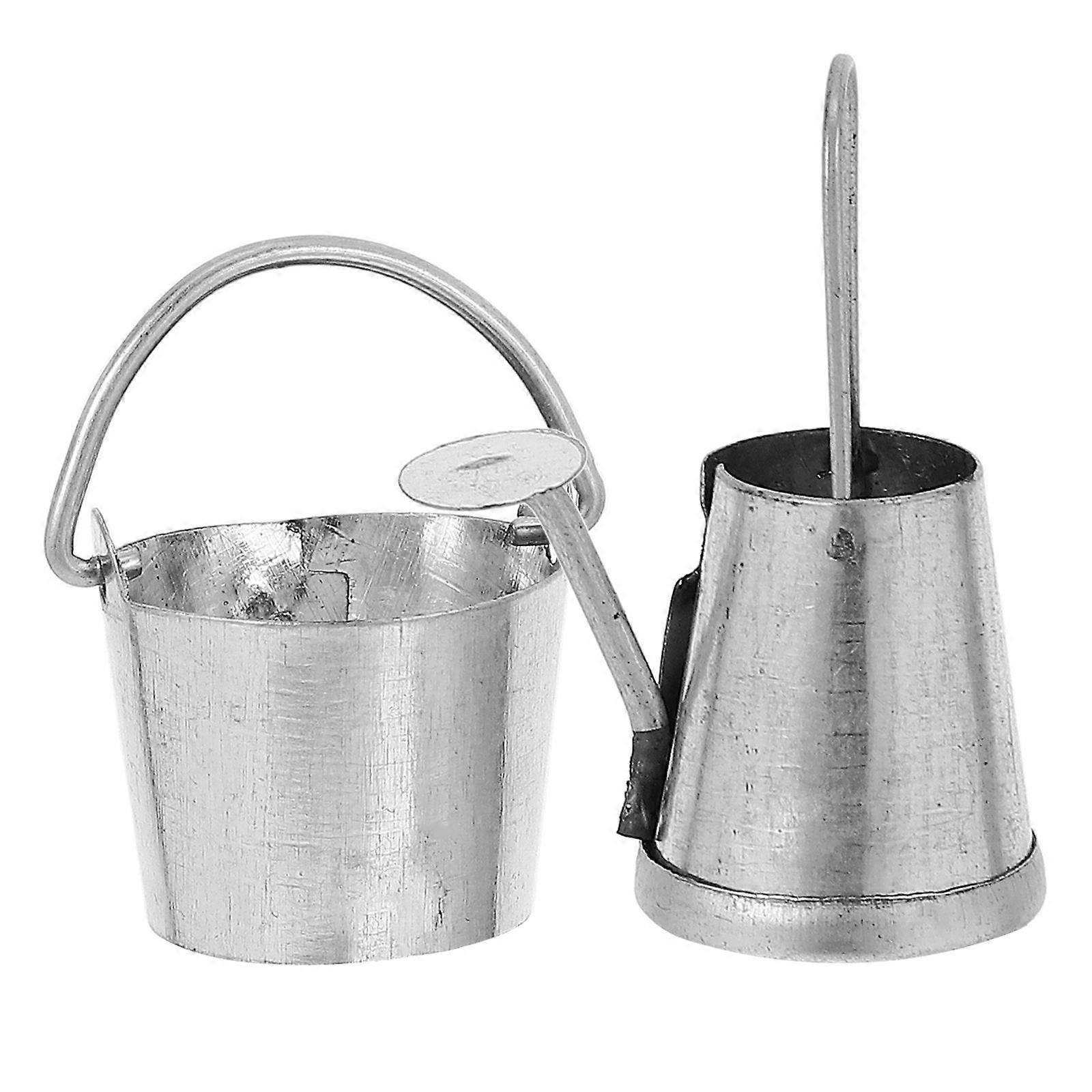 Indoor Garden Watering Pot Miniature Bucket Model Tiny Bucket Figurine Silver 2Pcs Decorative Accessory