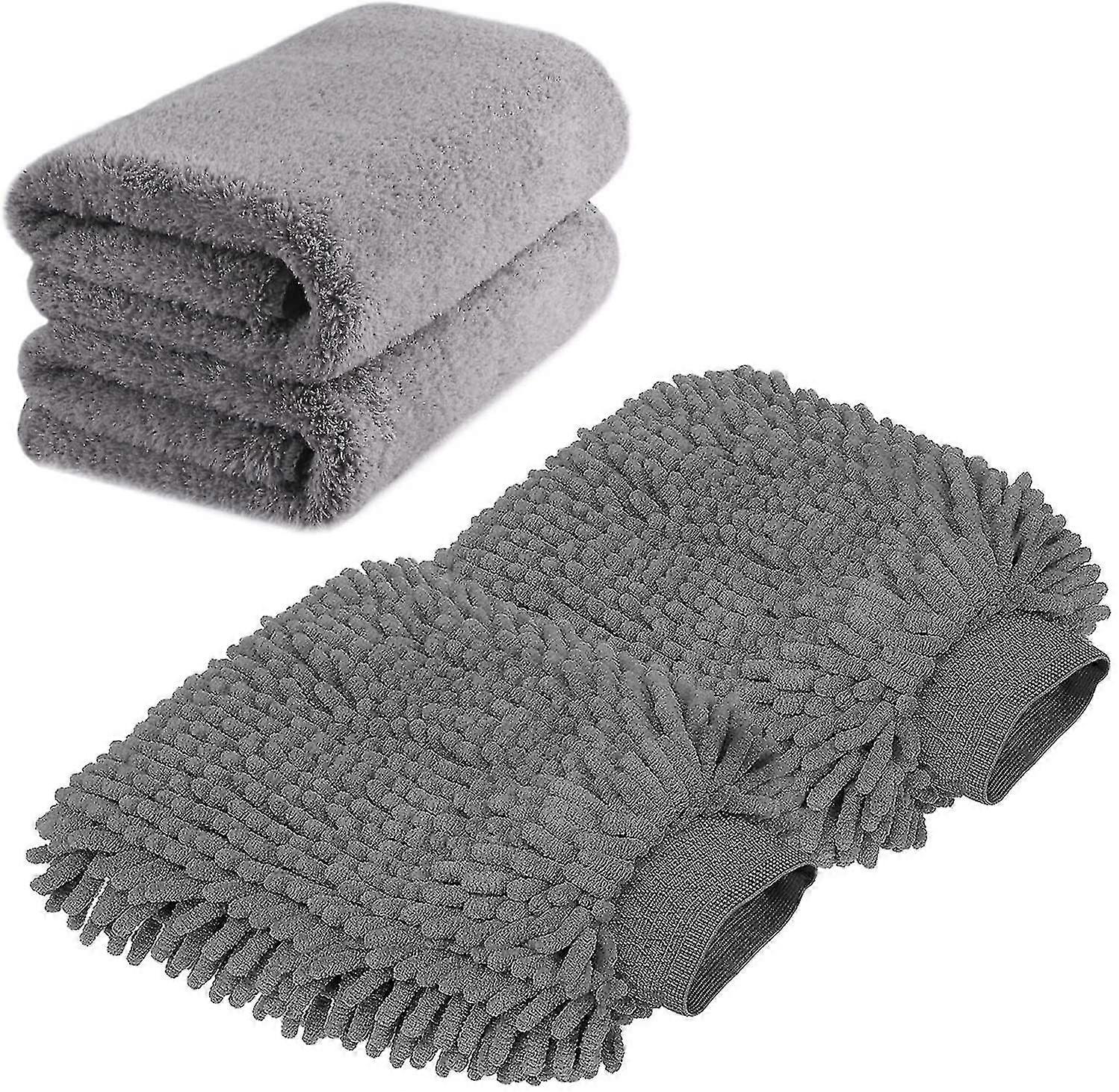 Große Mikrofaser Autowaschhandschuhe - Premium Chenille Waschhandschuhe 1set (2x Tuch + 2x Handschuh)