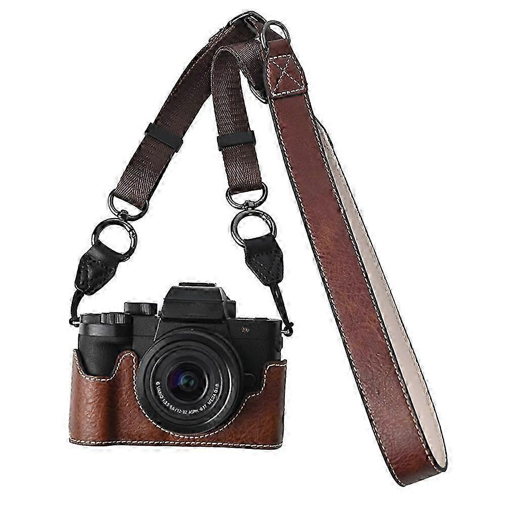 PU Leather Camera Case for Panasonic Lumix G100K with Shoulder Strap Large Cutout Lychee Texture Protective Cover