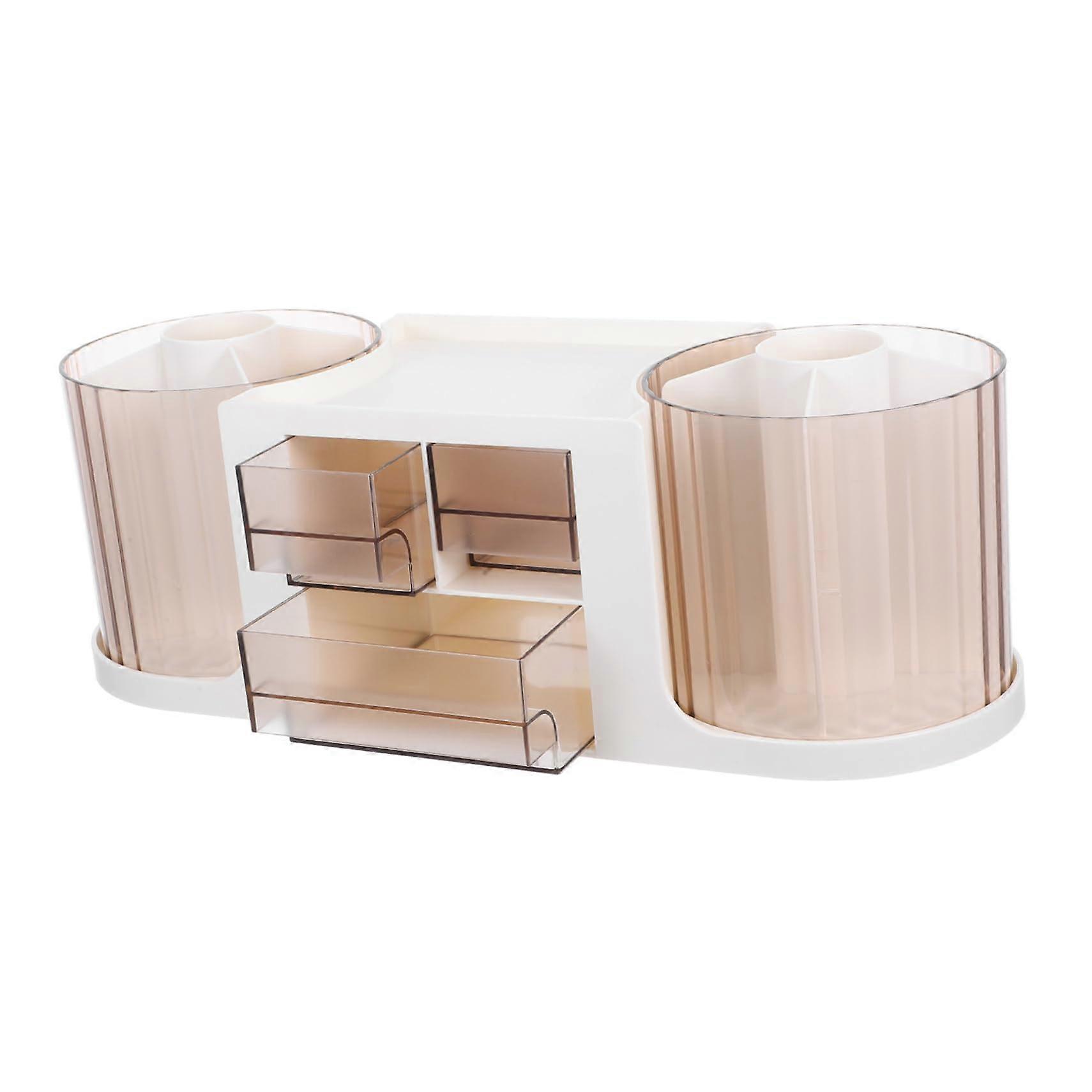 Dual Rotating Transparent Pen Holder with Drawer, Large Capacity Plastic Desk Organizer, Multifunctional Storage Box for Office and Home